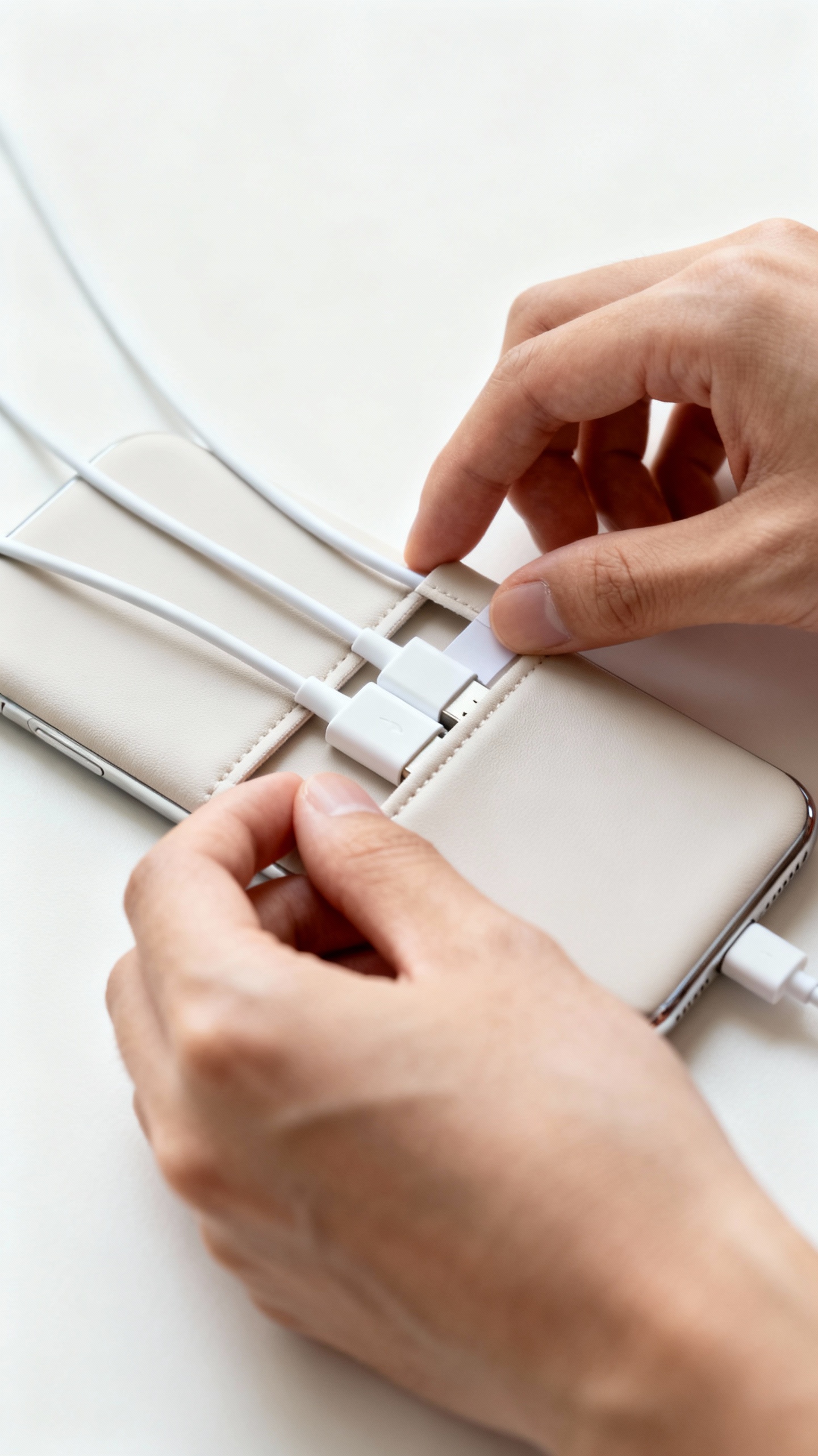 Hands taping down white phone charger cables, cord cover