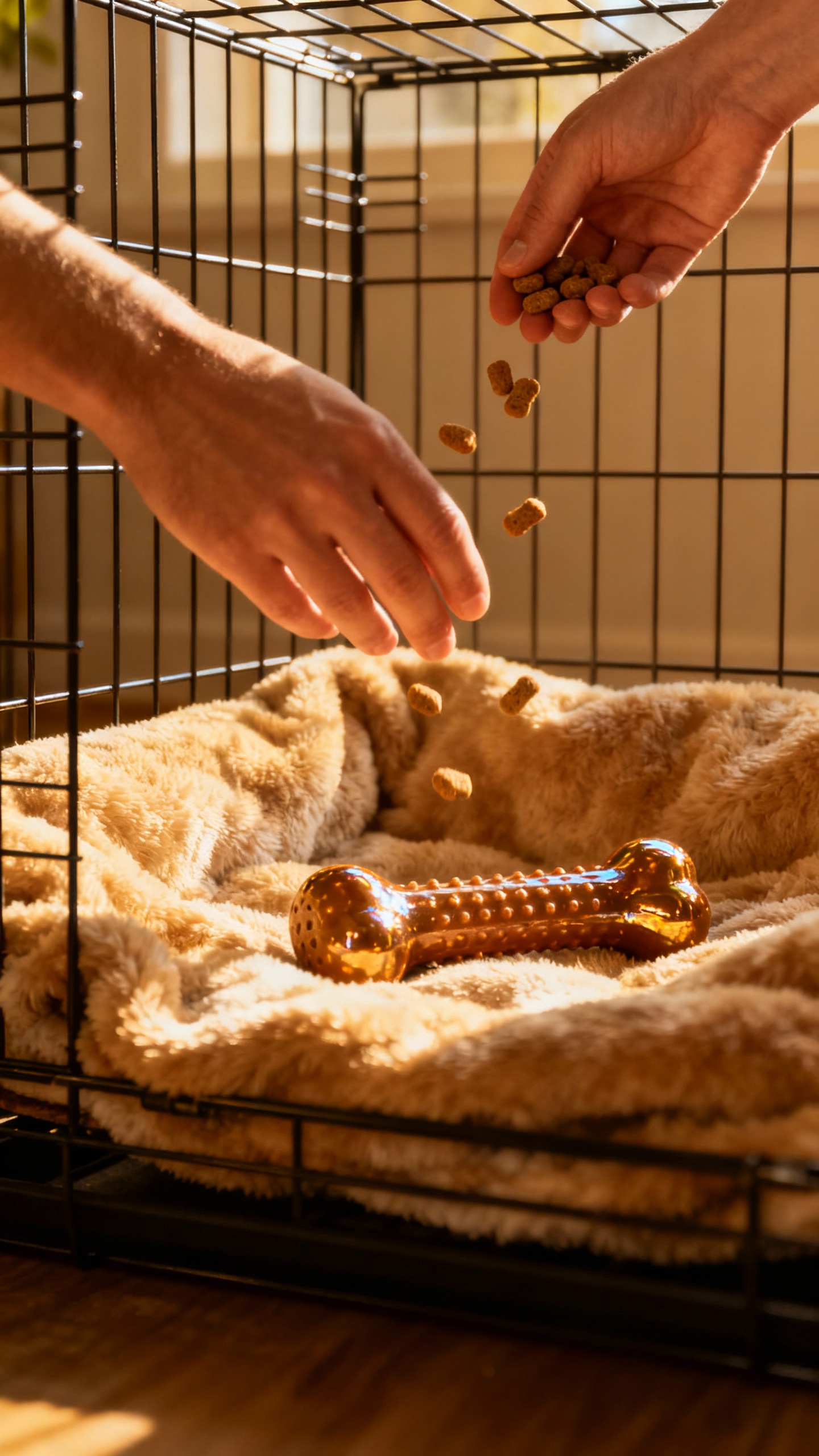 Hands tossing treats into cozy wire crate with blanket and chew toy