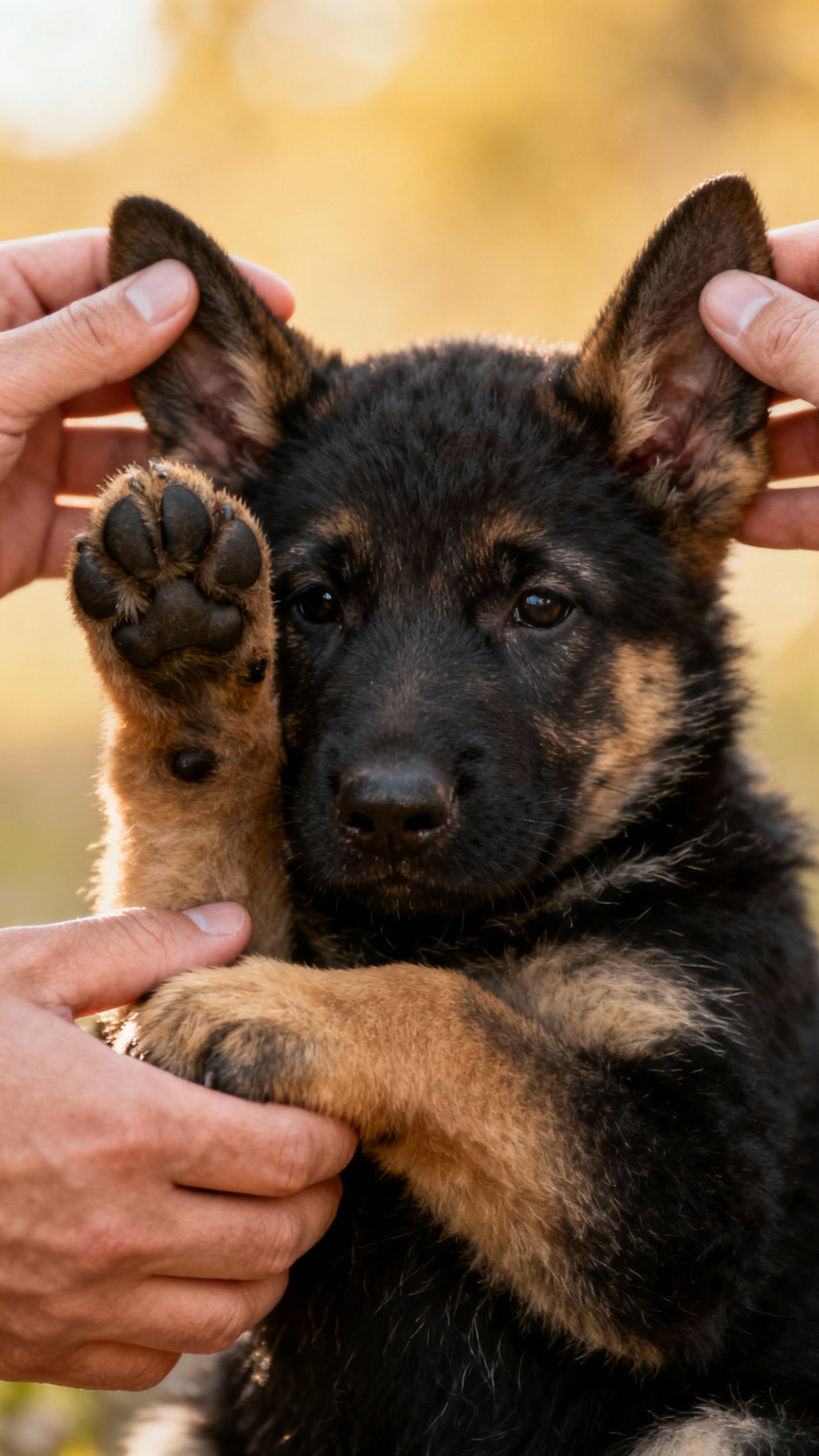 Hands touching GSD puppy paws and ears during handling test