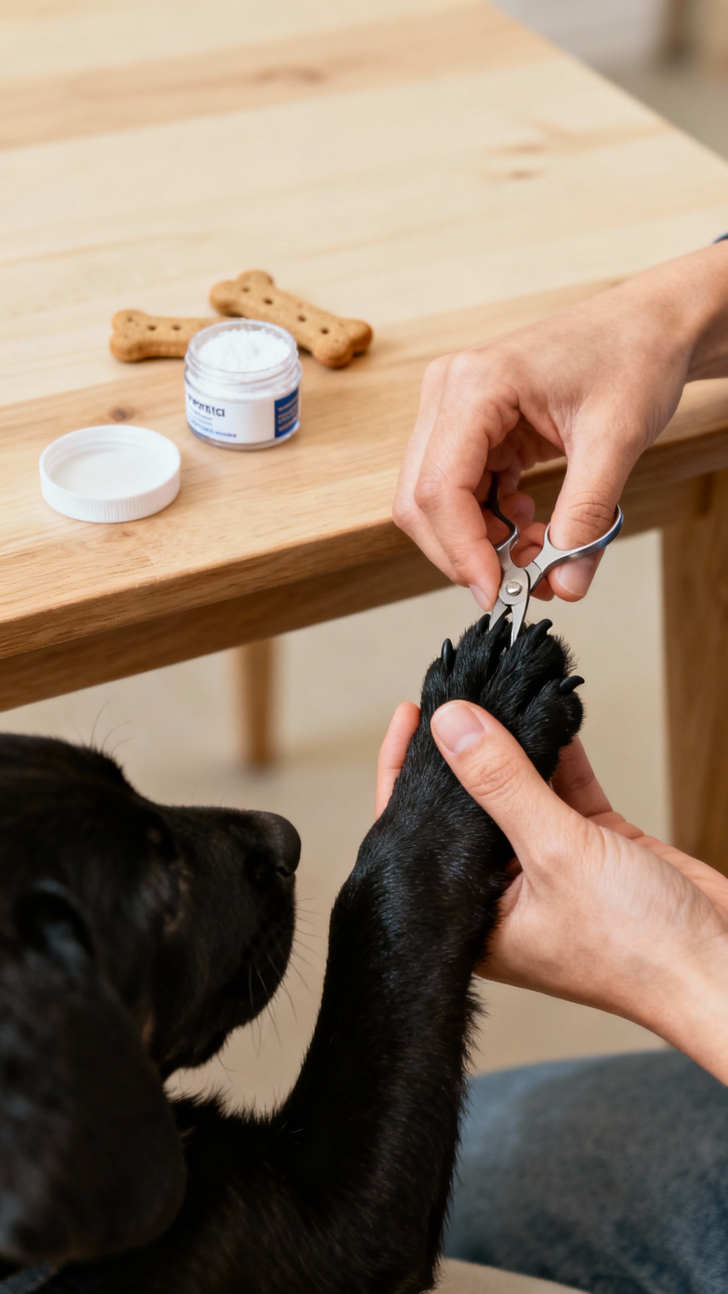 Hands trimming tiny black puppy nails, styptic powder and treats visible