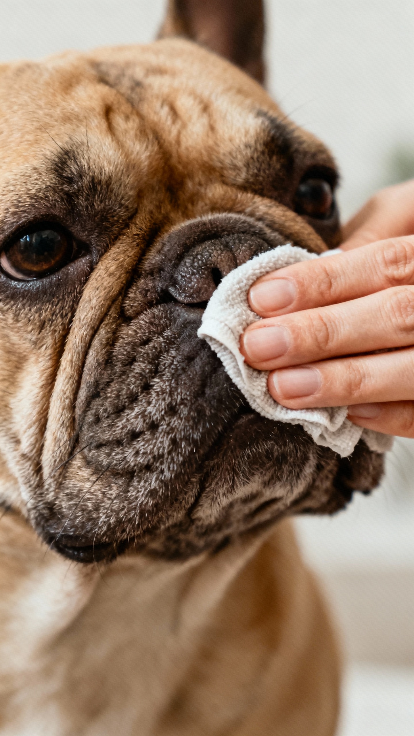 Hands wiping Frenchie facial wrinkles with damp cloth, skin folds detailed