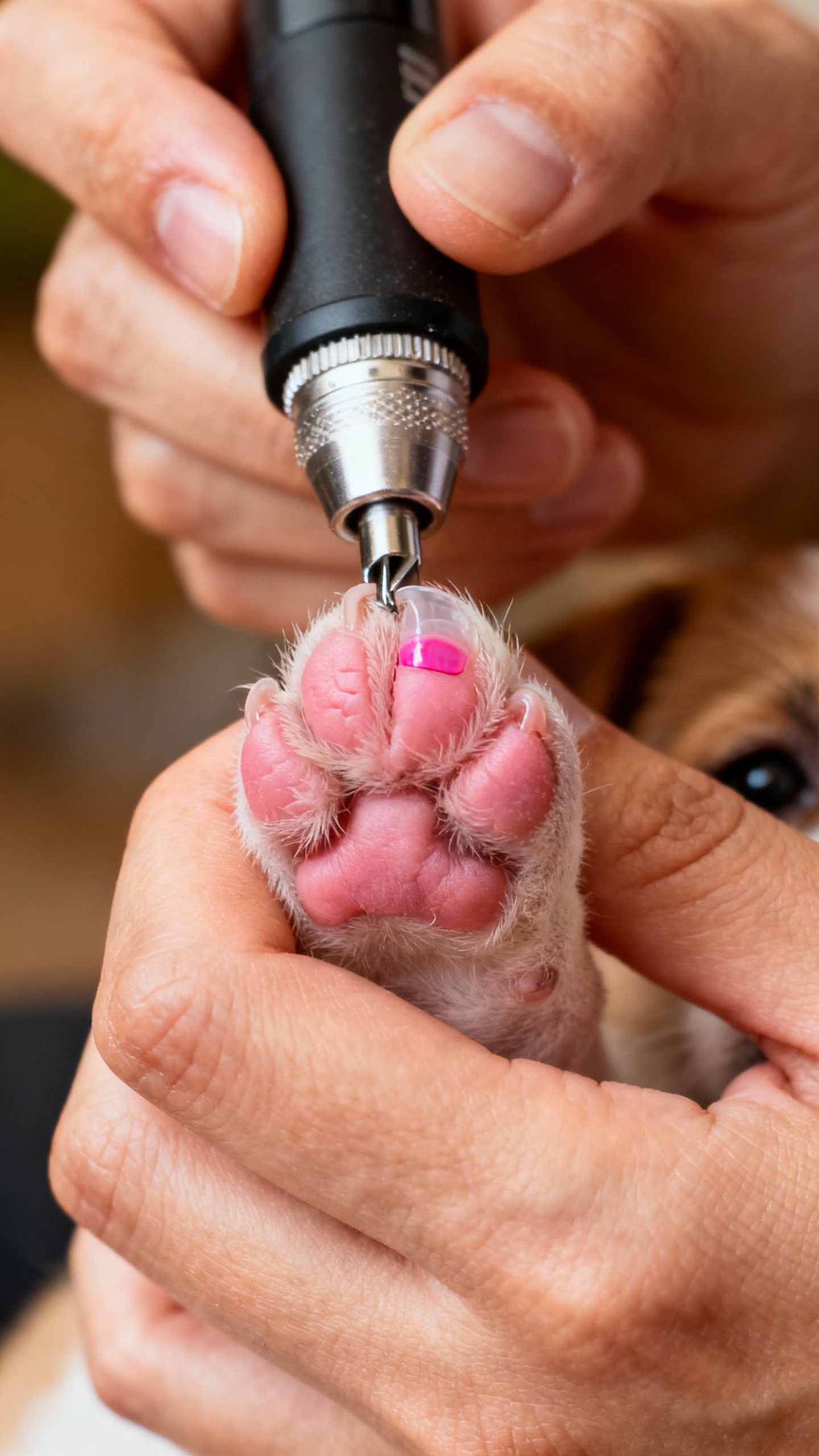 Human hands trimming tiny puppy nails with grinder, pink quick visible