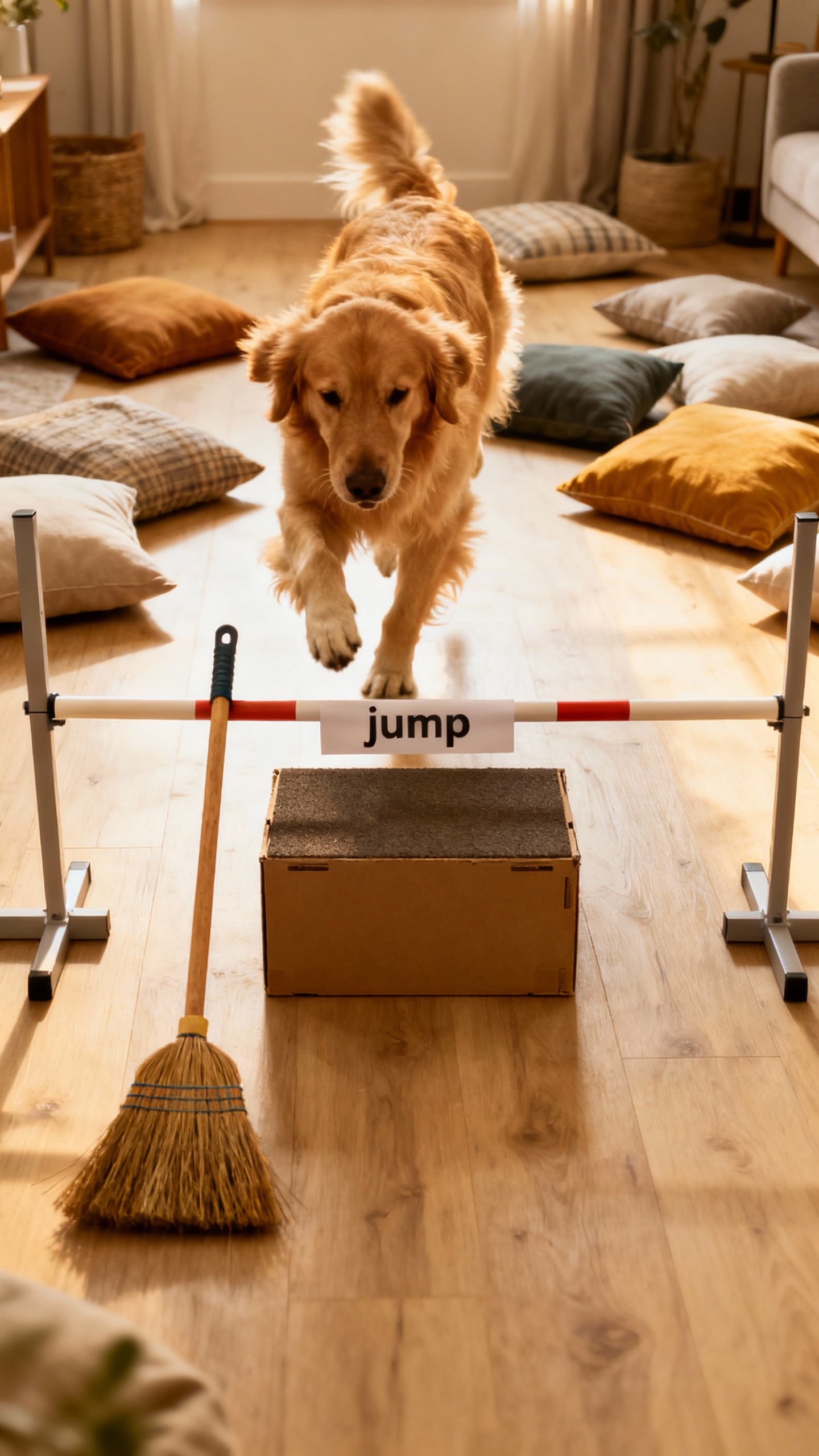 Indoor obstacle course: pillows, low box, broom “jump,” golden pup mid-step