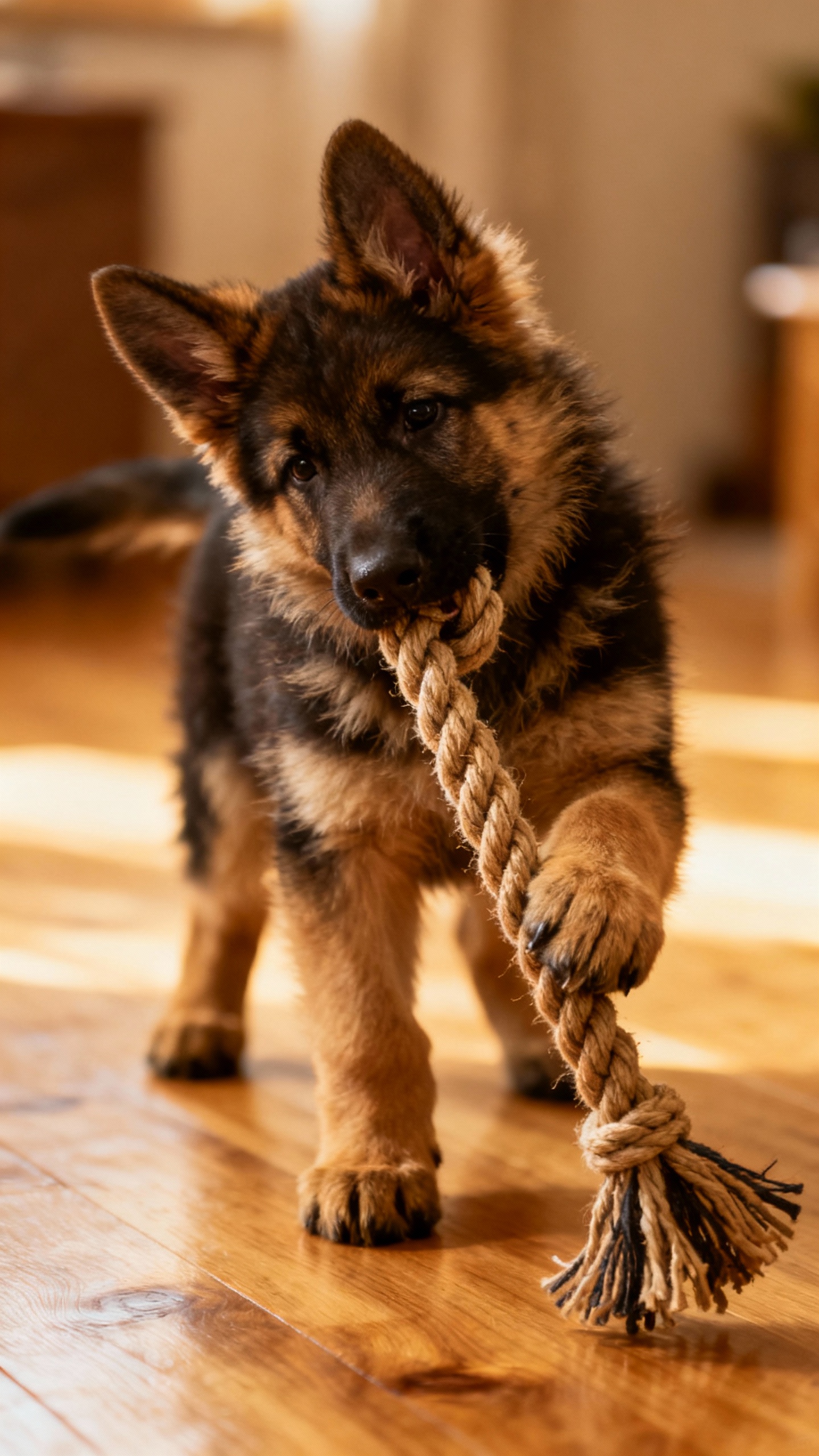 Indoor tug-of-war, German Shepherd puppy gripping rope, gentle tension