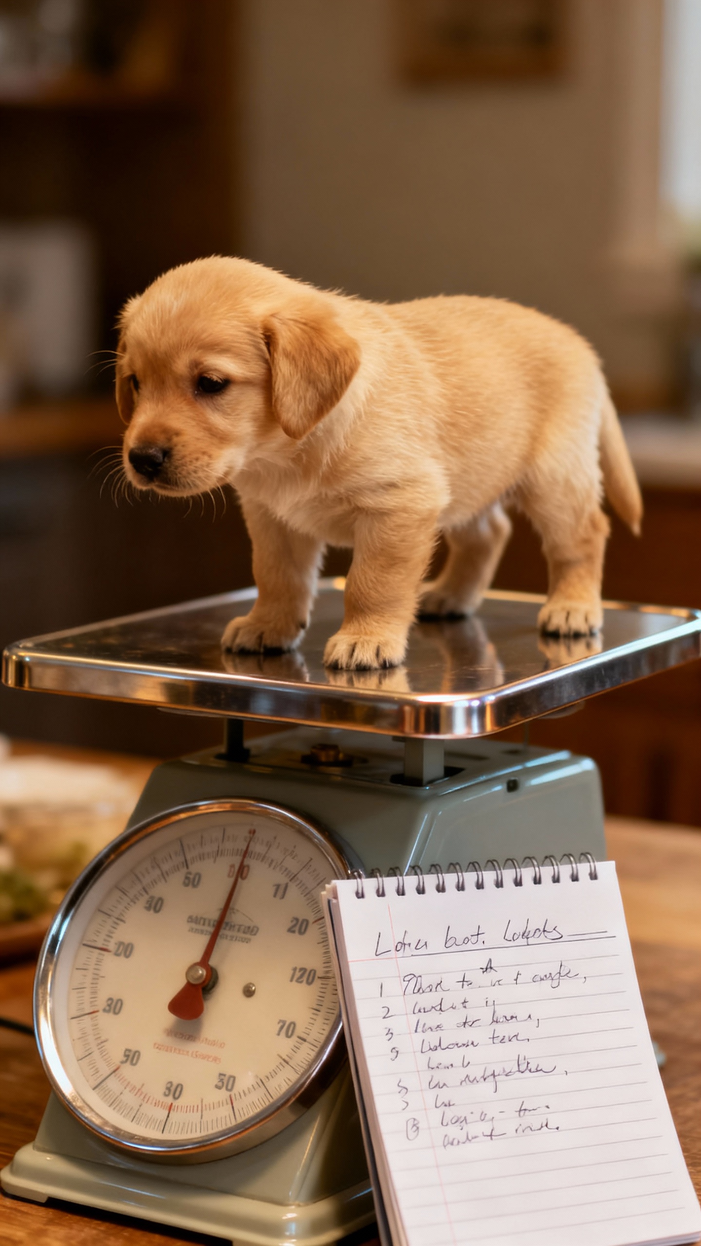 Kitchen scale weighing tiny golden puppy, handwritten logbook, soft lighting