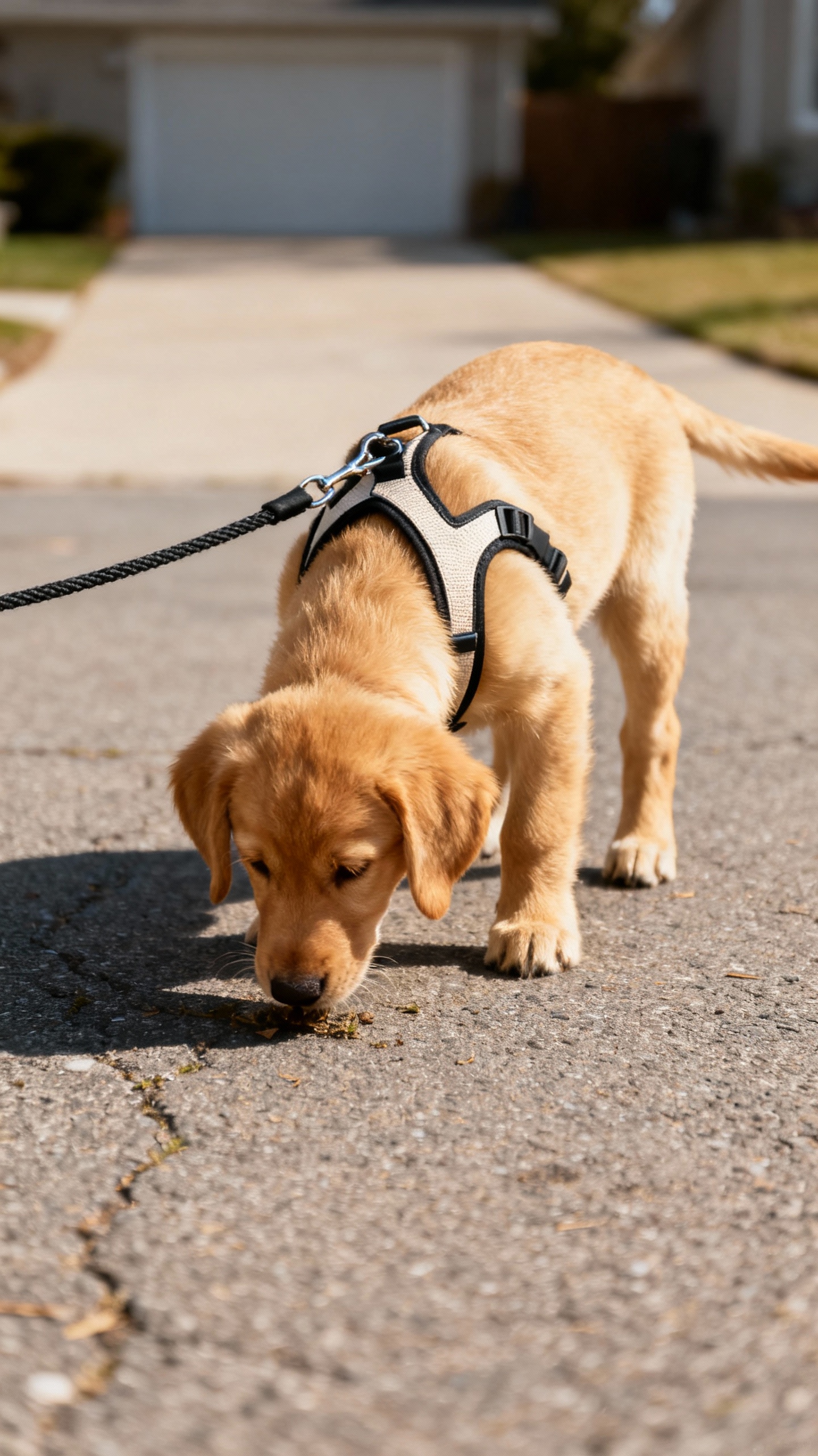 Leash training by left leg, Y-harness on golden puppy, driveway sniffing