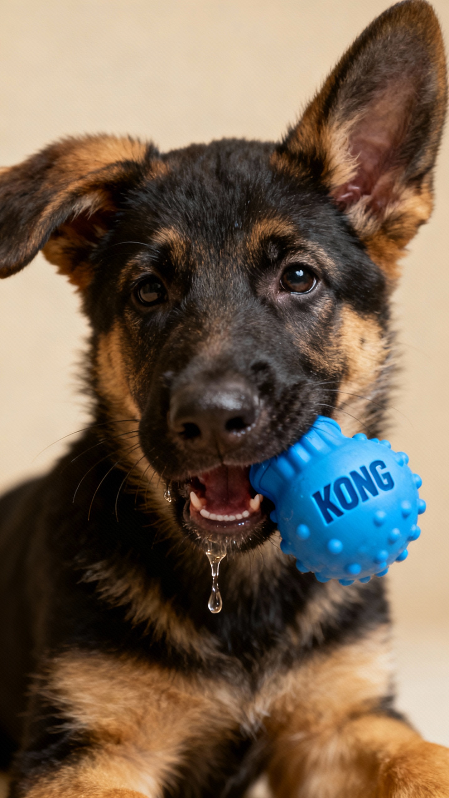Male German Shepherd puppy mouthing soft blue KONG toy, drool on gums