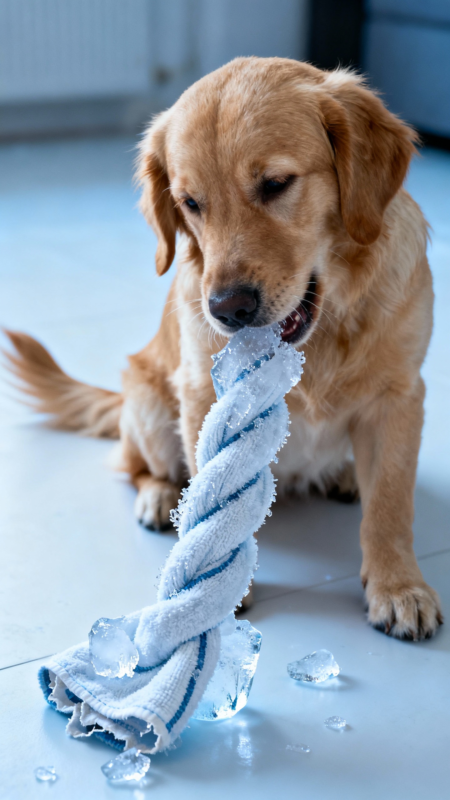 Male golden puppy gnawing twisted frozen washcloth, ice crystals visible