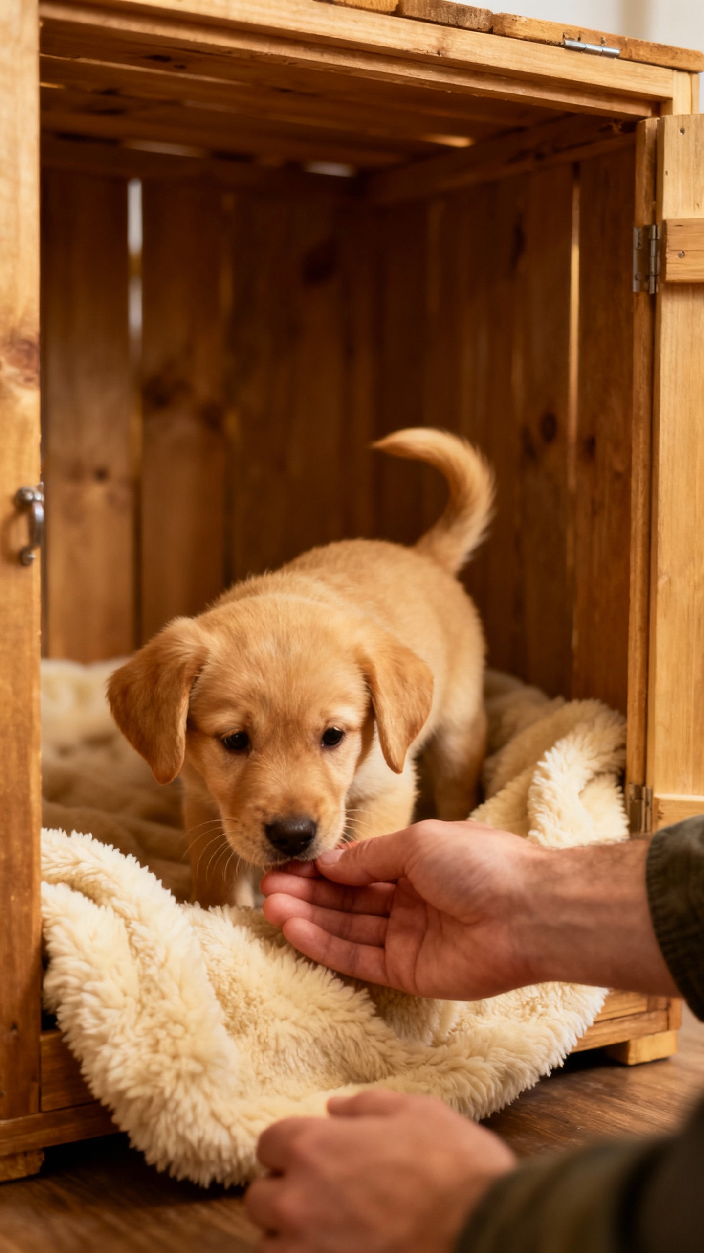 Male hands luring golden puppy into crate, open door, cozy blanket