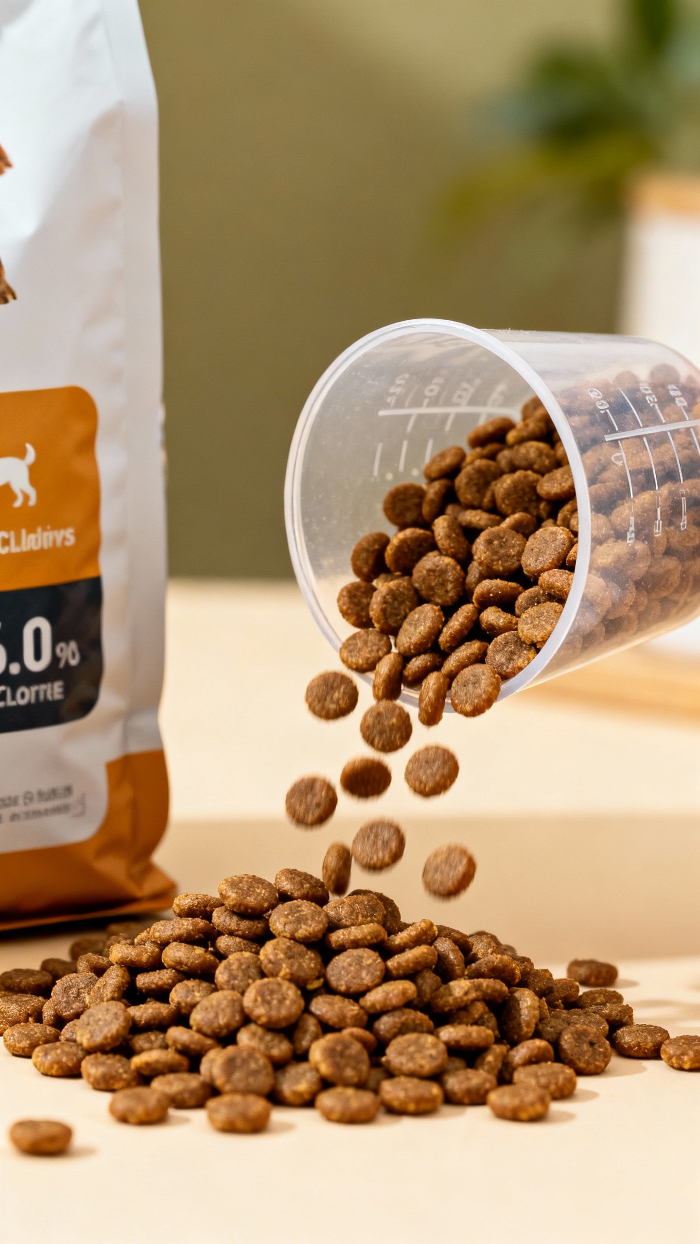 Measuring cup pouring dry puppy kibble beside food bag calorie label