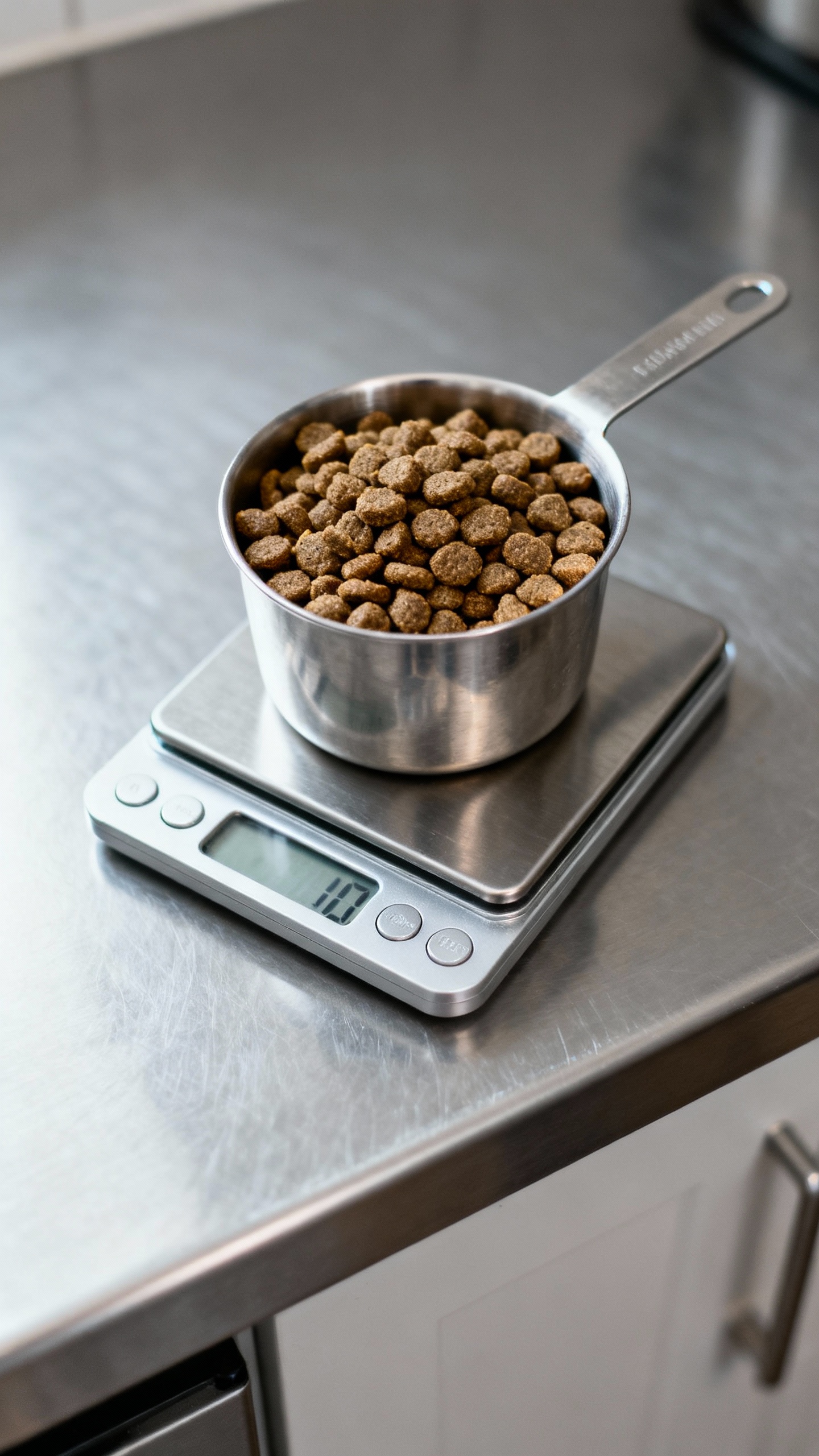 Measuring cup weighing kibble on digital scale, stainless kitchen counter