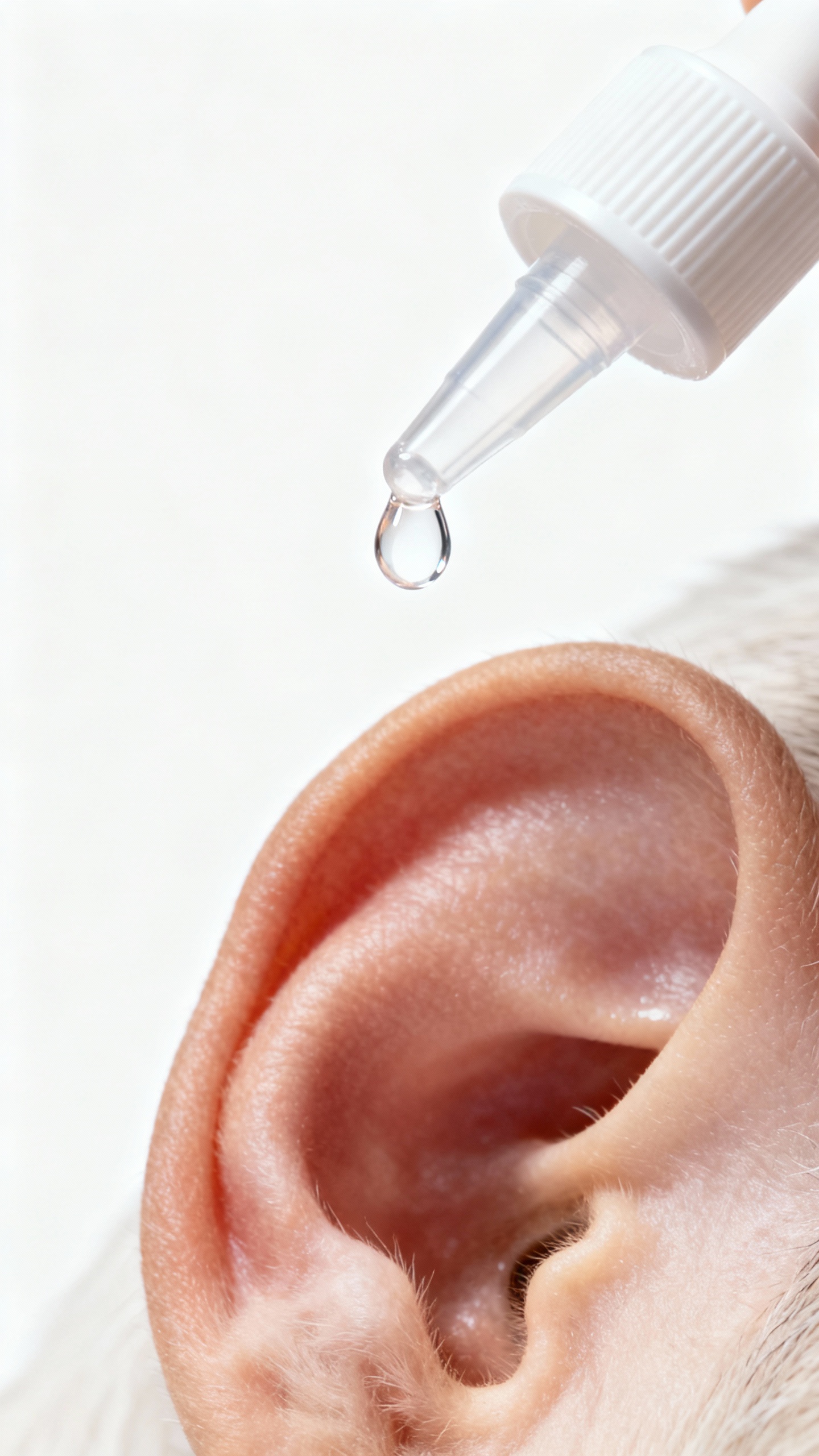 Nozzle of vet-approved ear cleaner hovering at canal opening, droplet visible