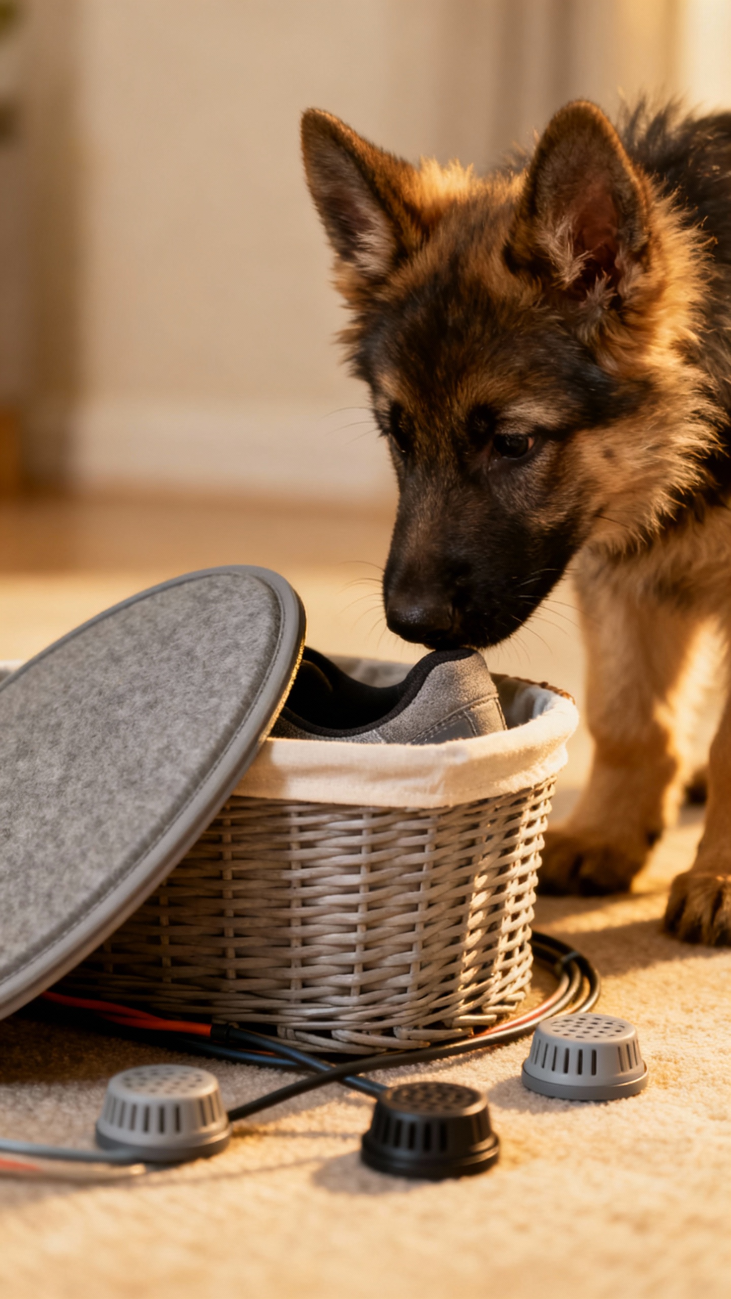 Open shoe basket with lid beside cable covers, German Shepherd puppy sniffing nearby