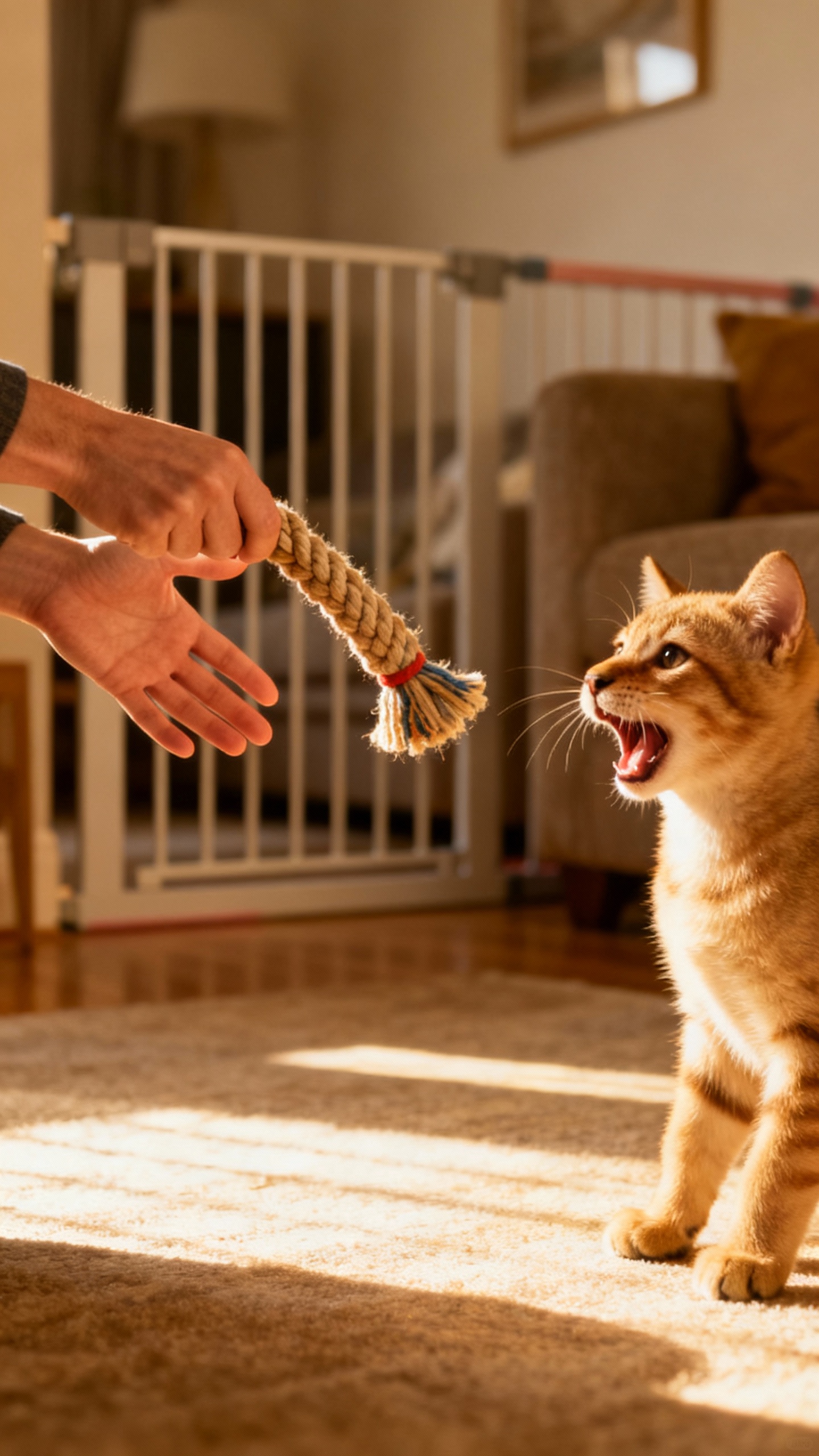 Owner hands yelping then offering rope toy, living room baby gate background