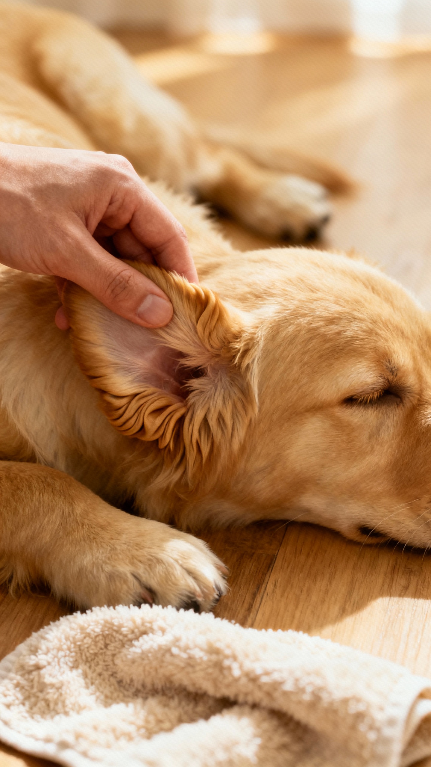 Person massaging base of golden puppy ear, squishy texture, towel nearby