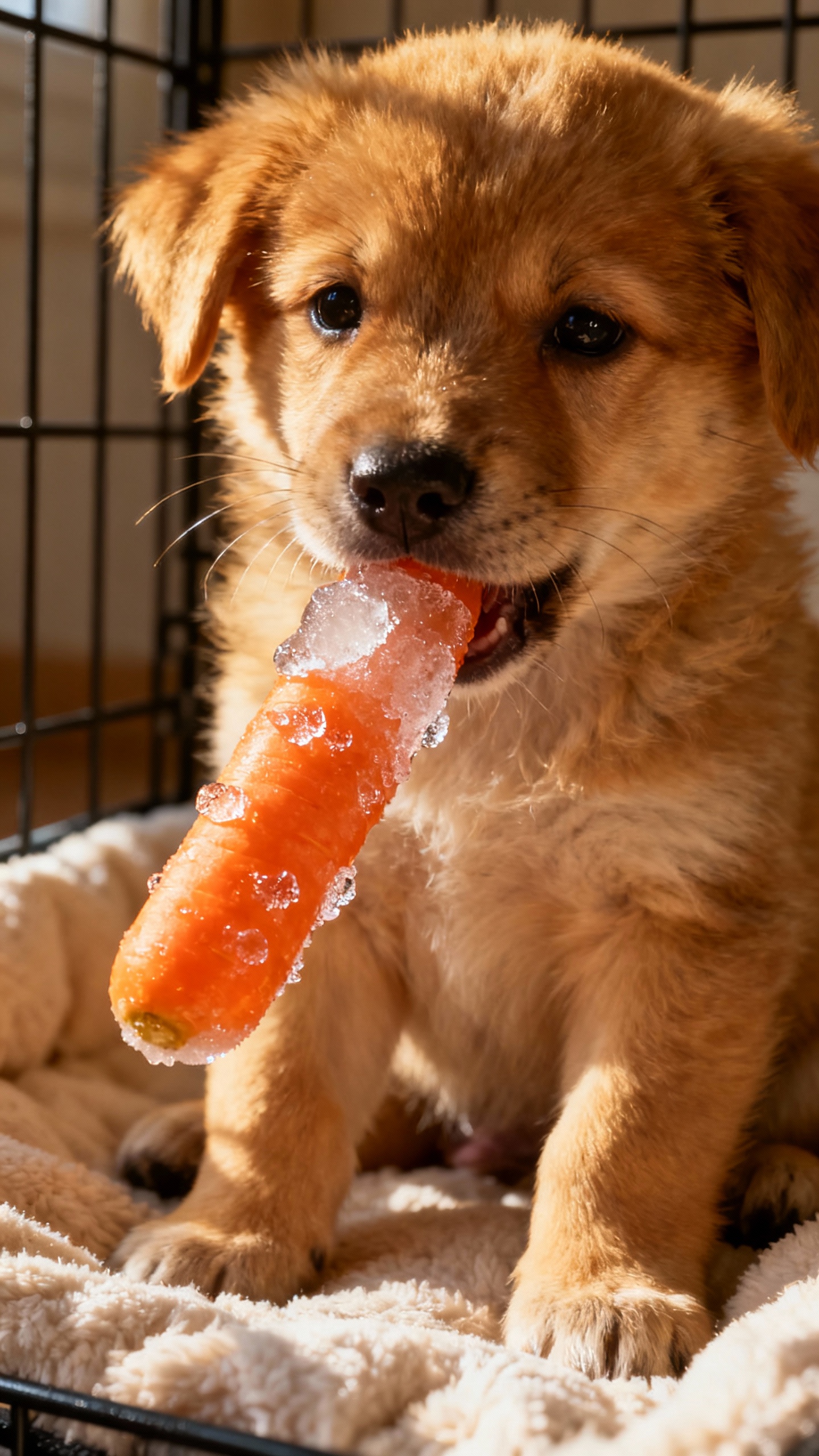 Puppy chewing frozen carrot on soft crate bedding