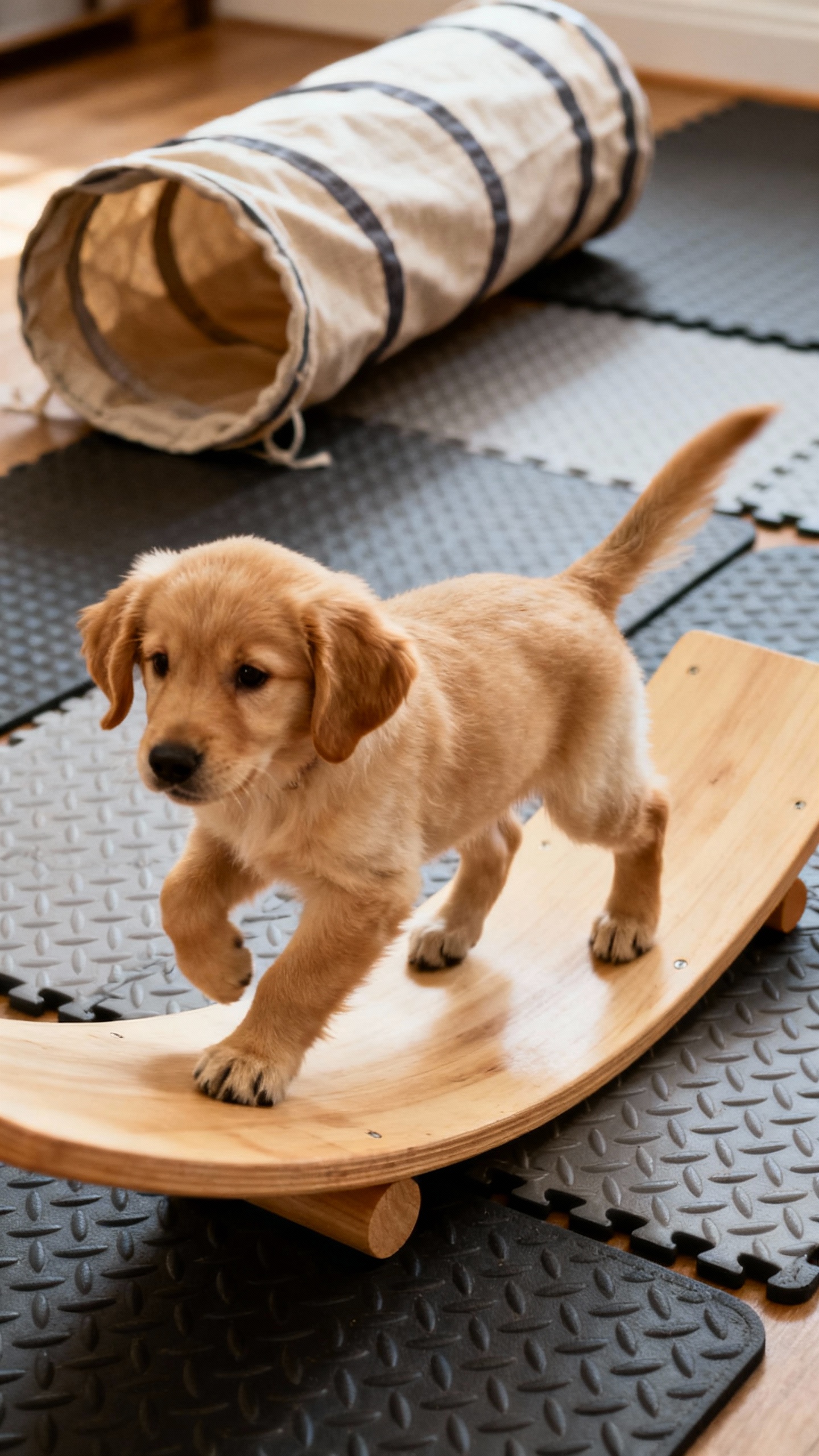 Puppy exploring wobbly balance board, shallow tunnel nearby, textured mats