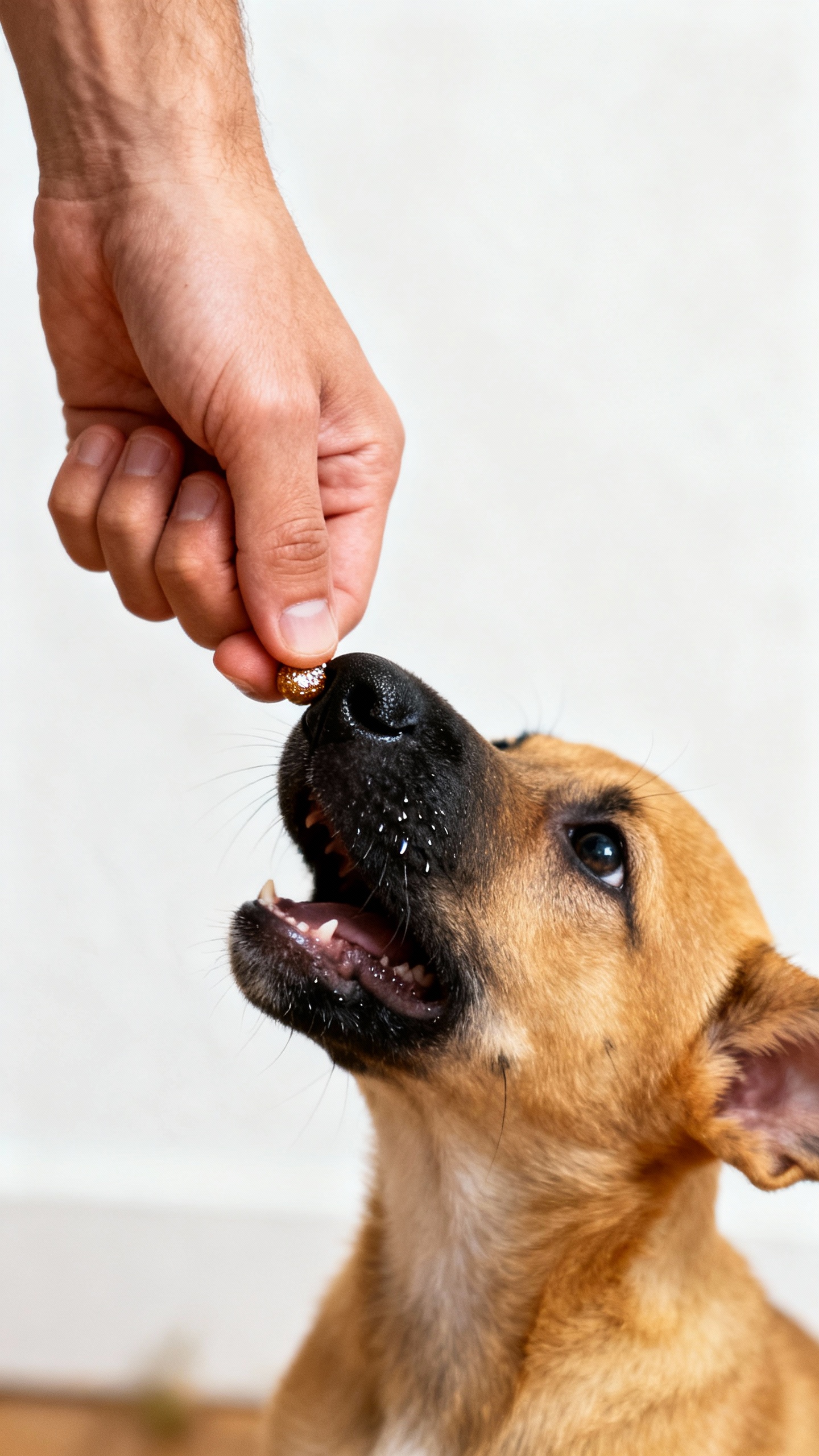 Puppy nose touching closed human fist for “leave it,” other hand holding treat
