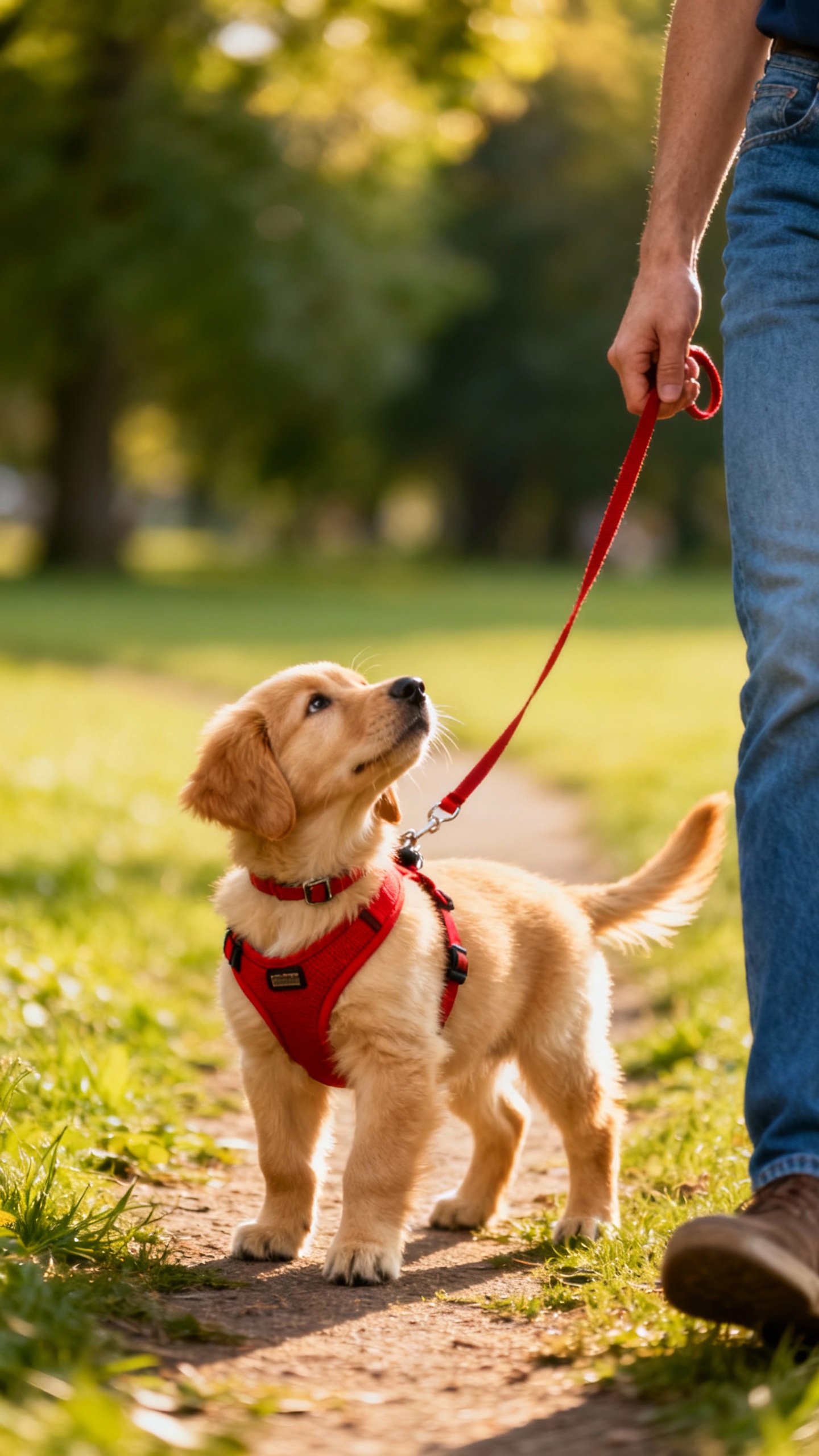 Puppy on 4–6 ft leash, harness, owner stops, slack line
