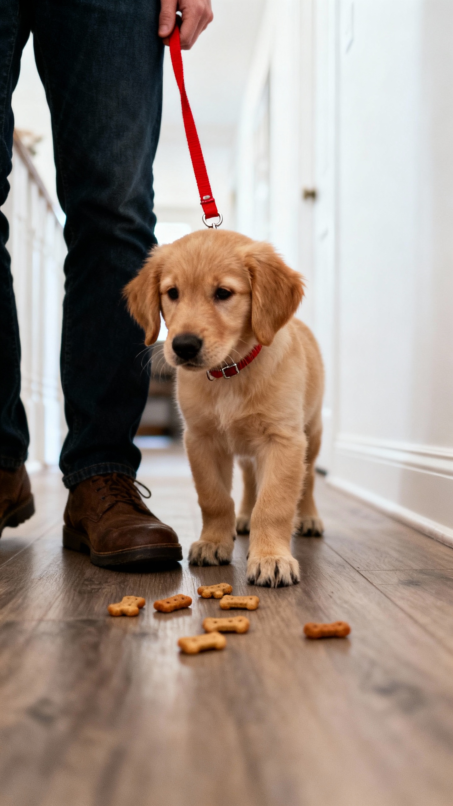 Puppy on short red leash at owner’s left leg, treats dropped, indoor hallway