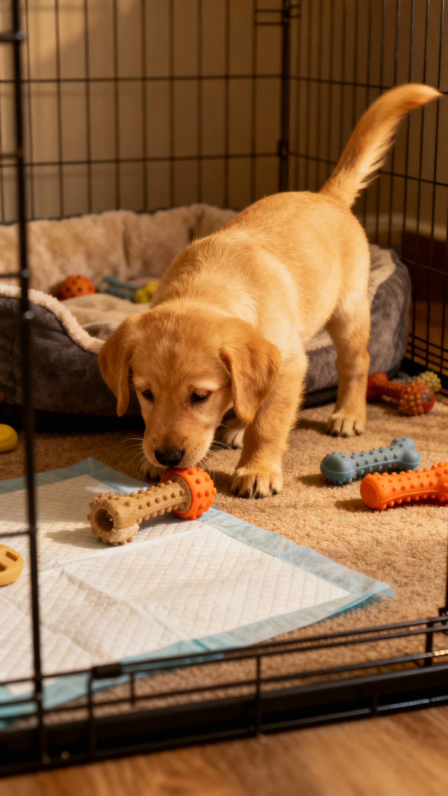 Puppy pen zones: crate bed, chew toys, pee pad, curious golden pups
