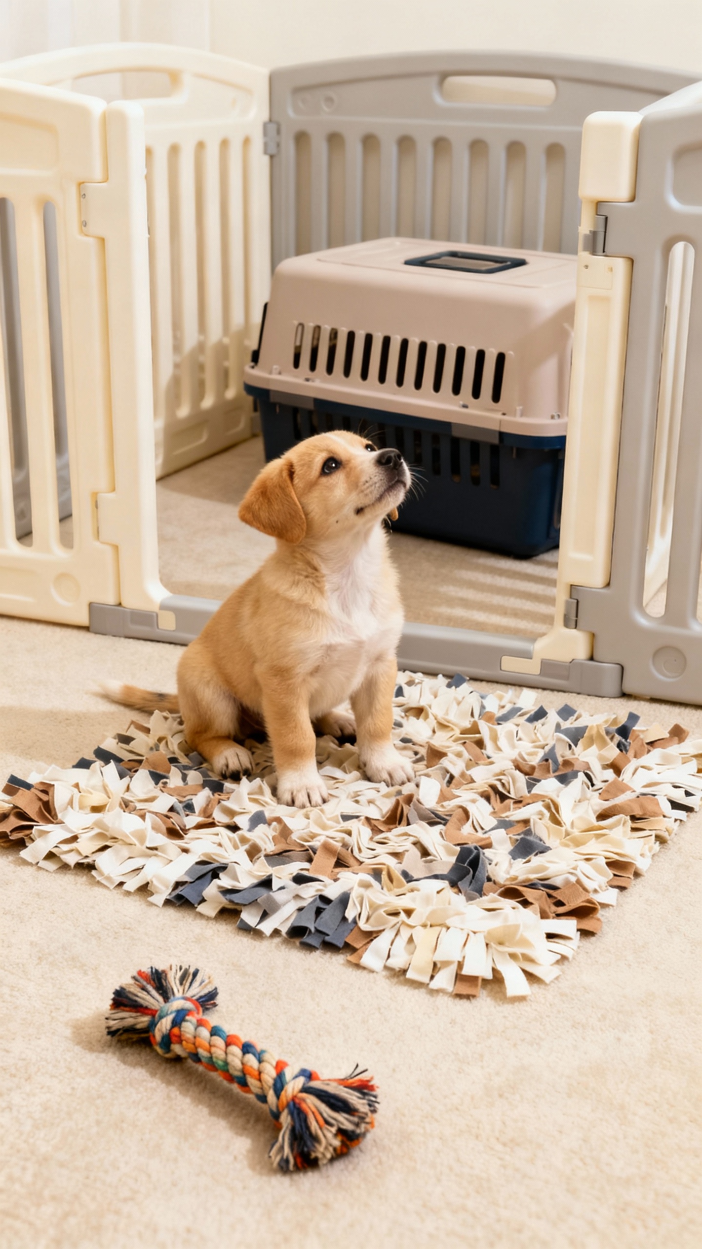 Puppy playpen scene with baby gate, crate, rope toy, snuffle mat