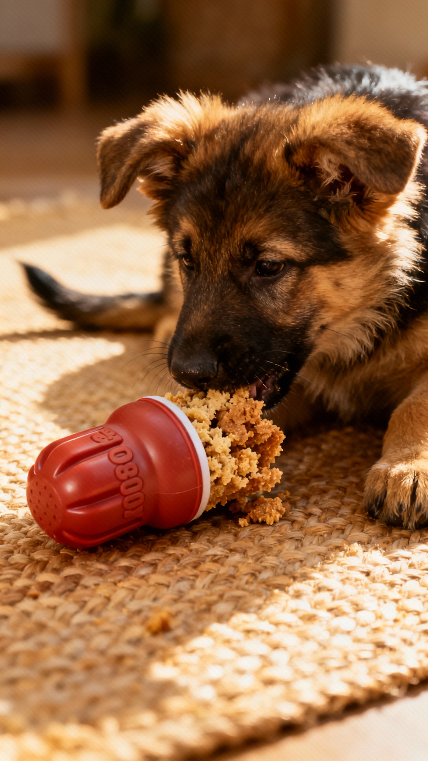 Rubber Kong stuffed with food on mat, German Shepherd puppy chewing
