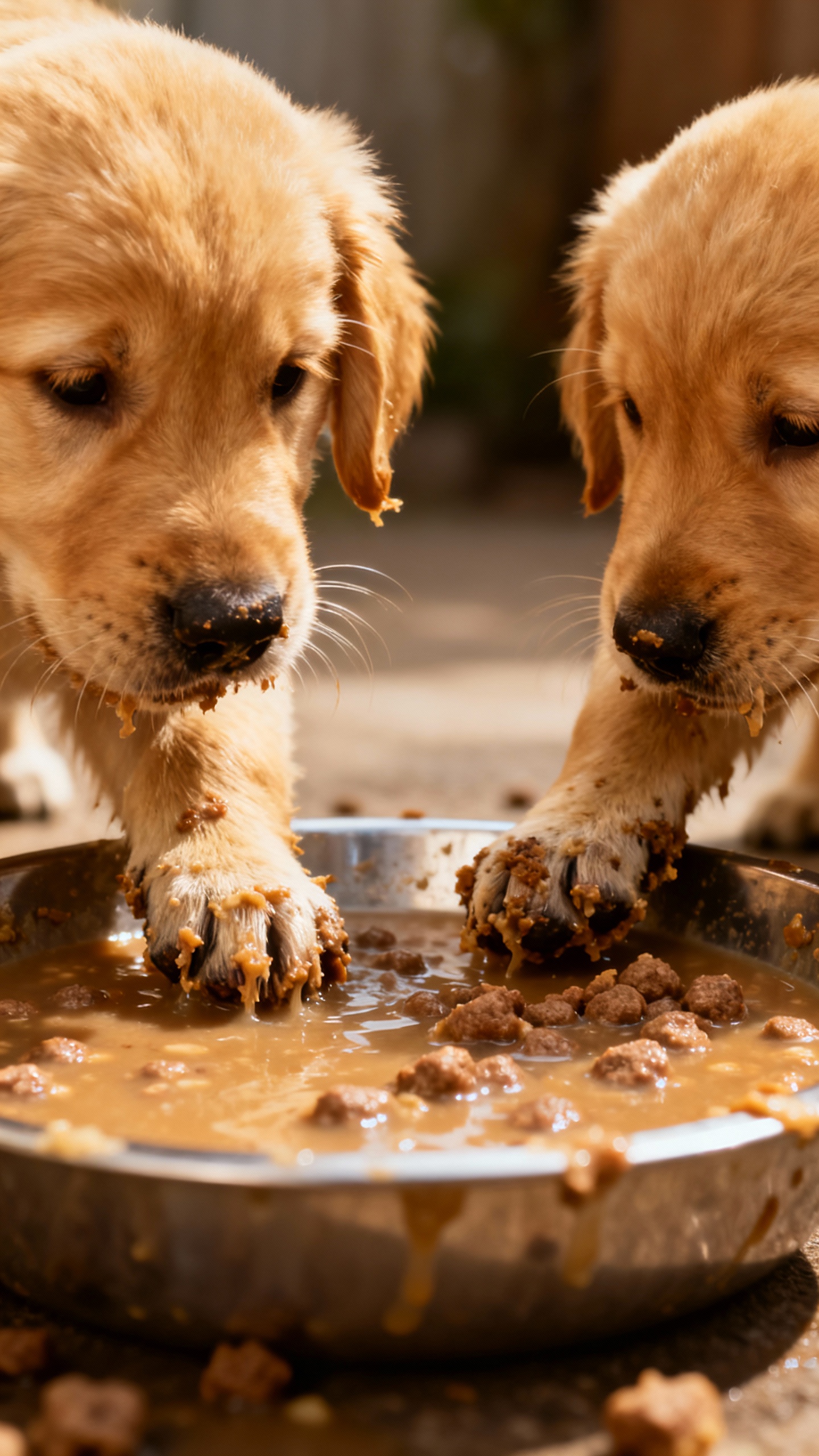 Shallow dish of soupy puppy food, golden pups stepping in, messy paws