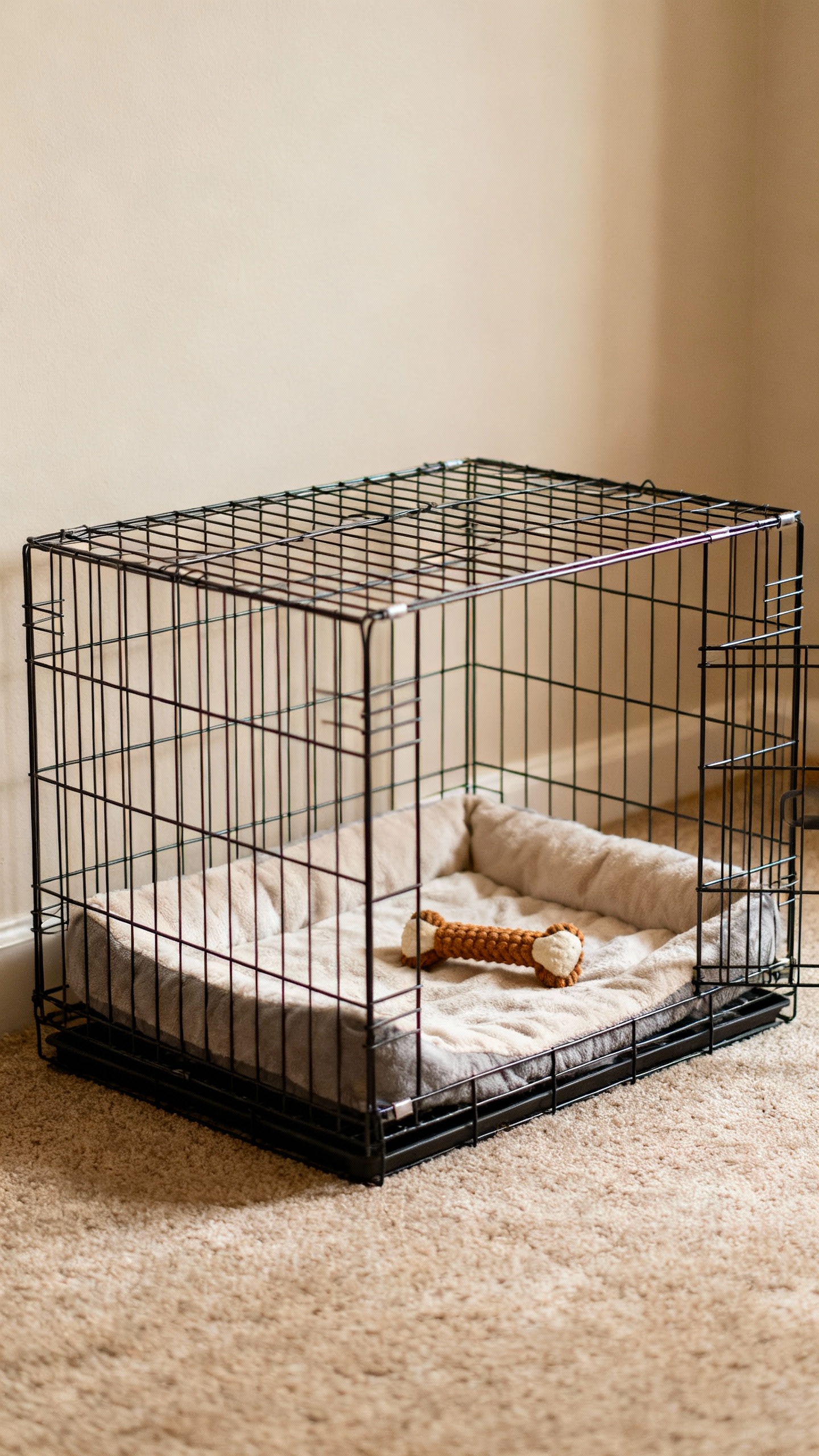 Small wire crate with divider, soft bedding, chew toy, indoor