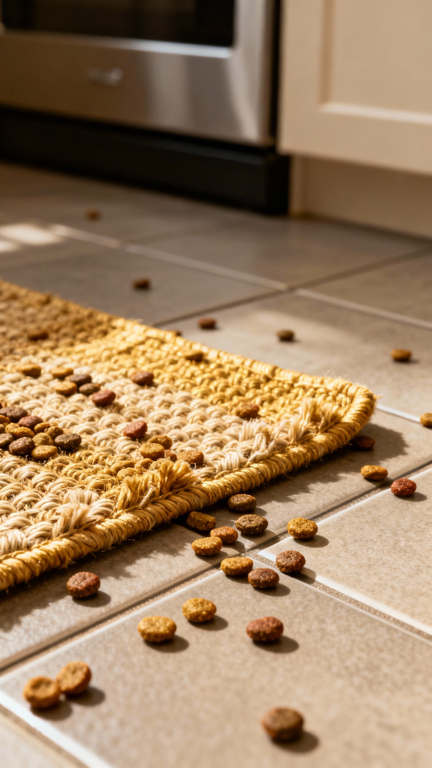 Snuffle mat closeup with scattered kibble on kitchen tile