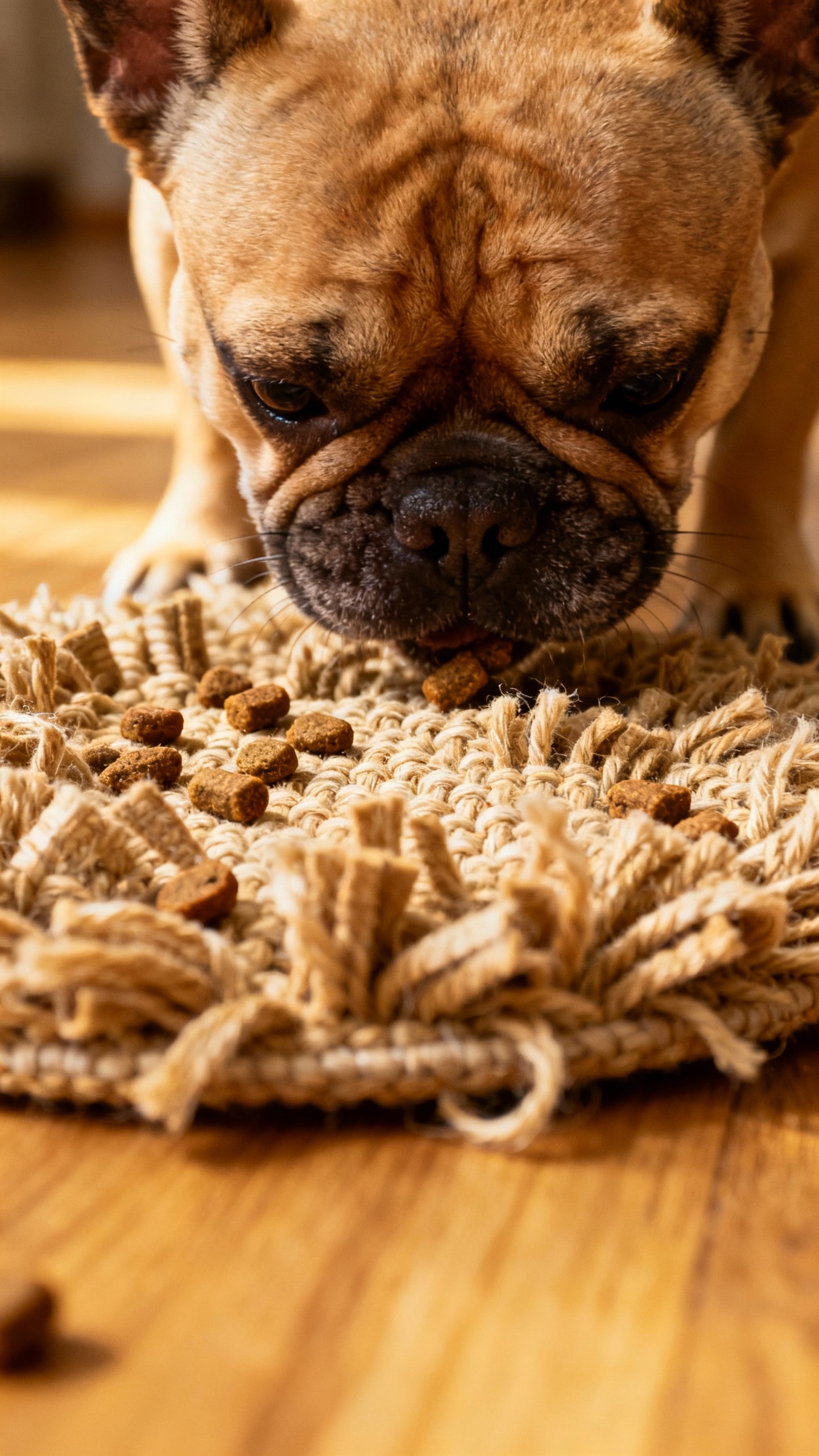 Snuffle mat enrichment scene, Frenchie sniffing, small treats hidden