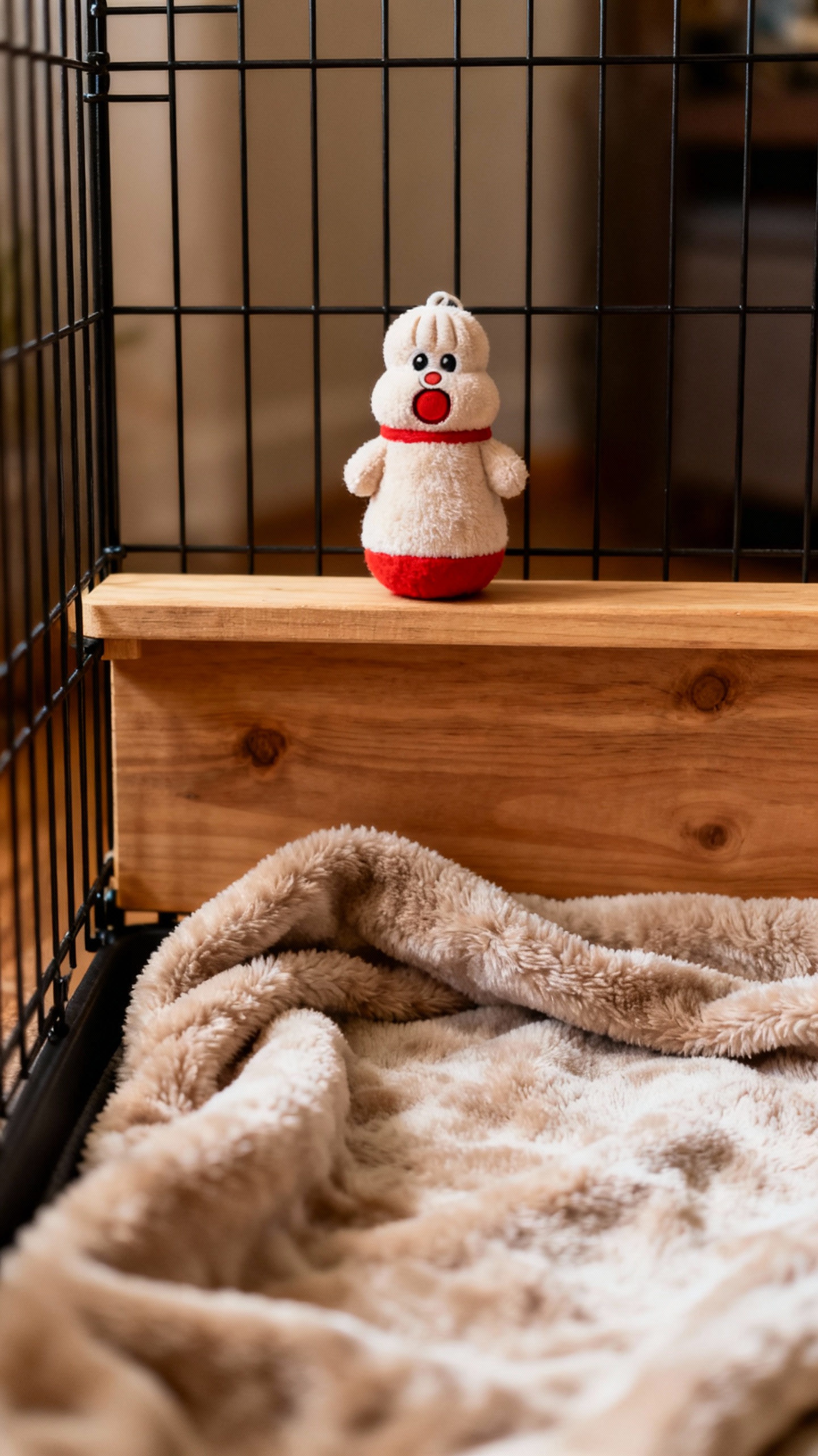 Soft-lit crate interior with divider, stuffed Kong, fleece blanket