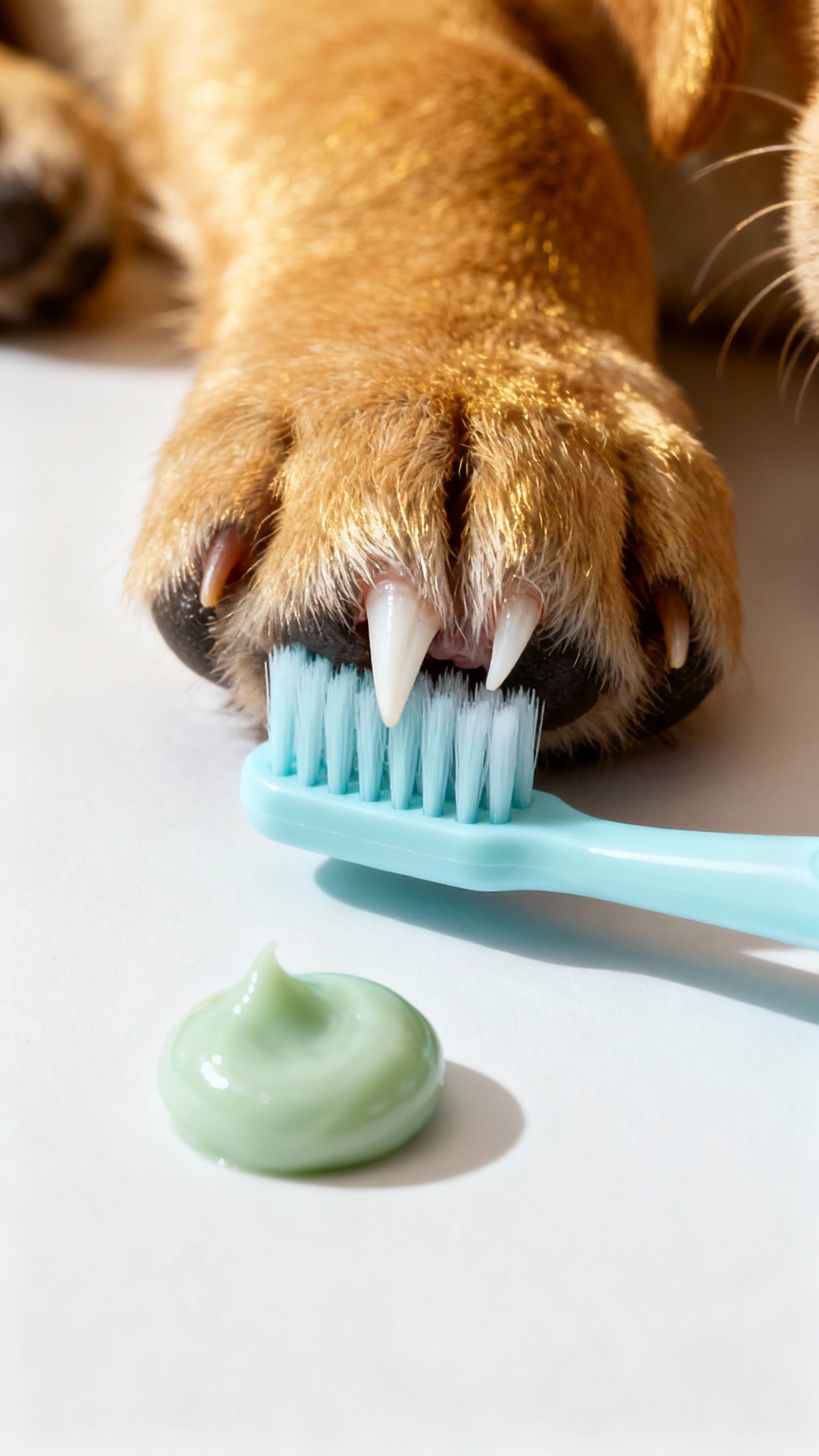 Soft toothbrush touching puppy canine tooth, pea-sized dog toothpaste nearby