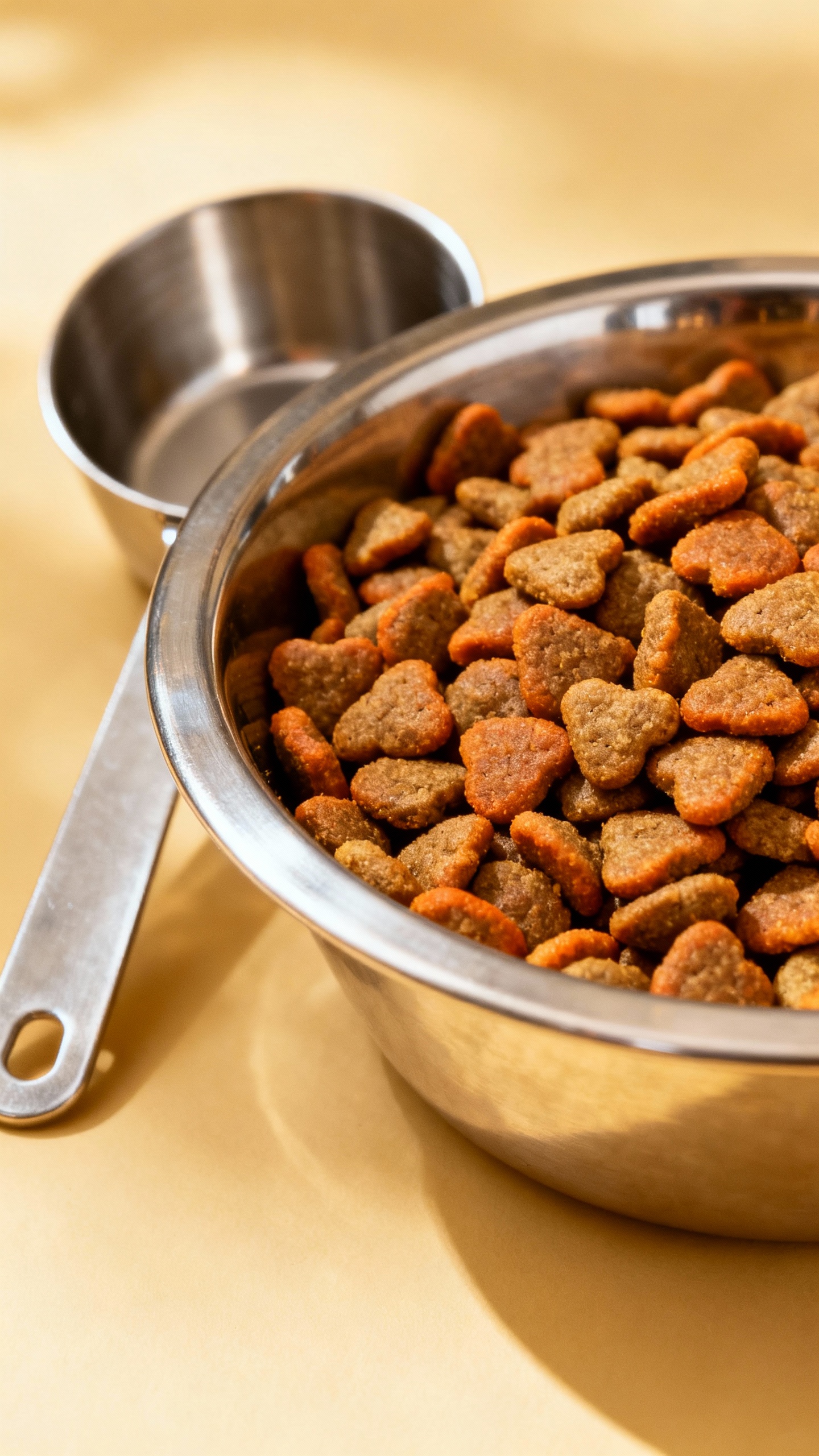 Stainless steel bowls with large-breed puppy kibble, measuring cup