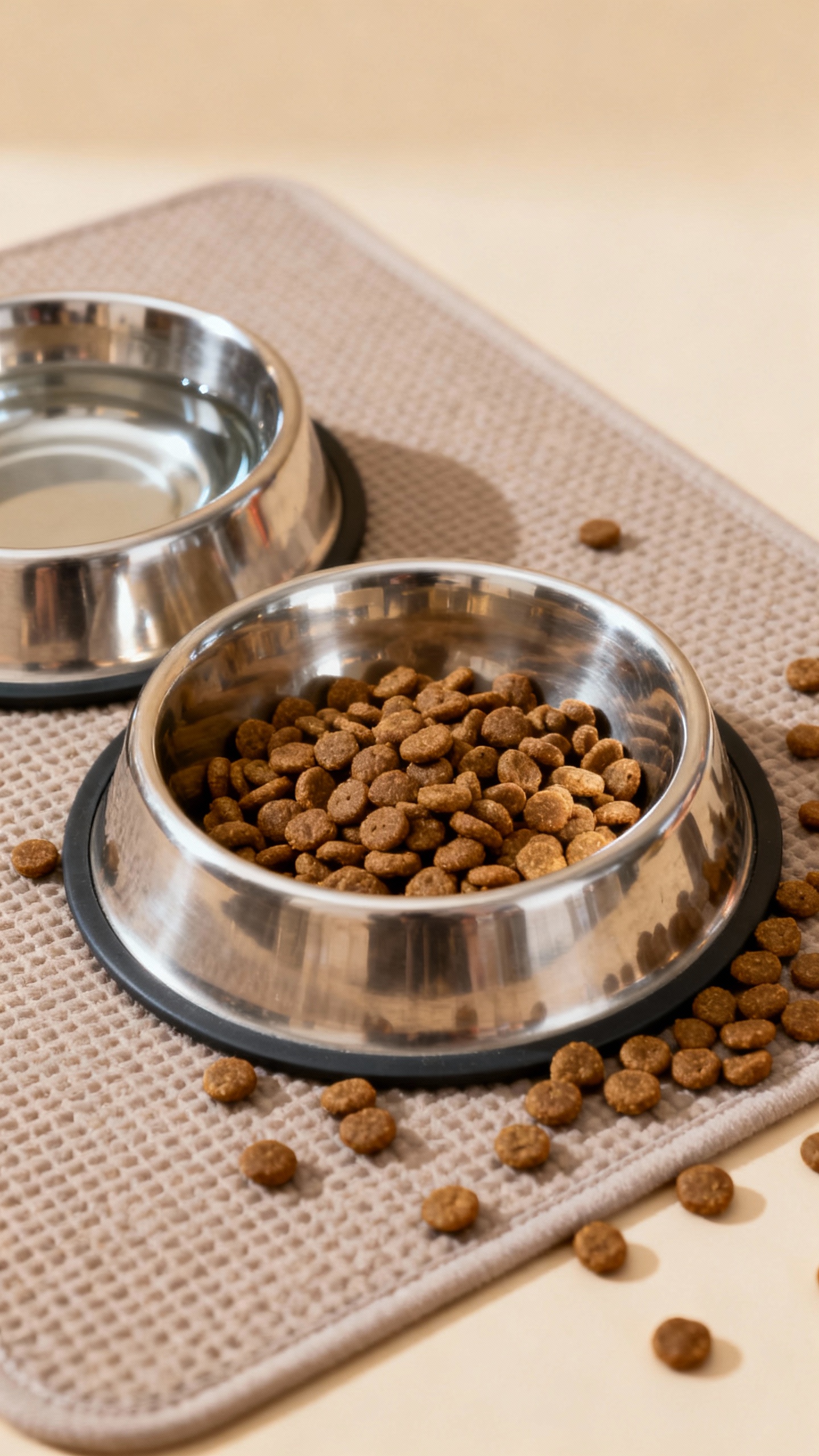 Stainless steel food and water bowls on mat, kibble visible