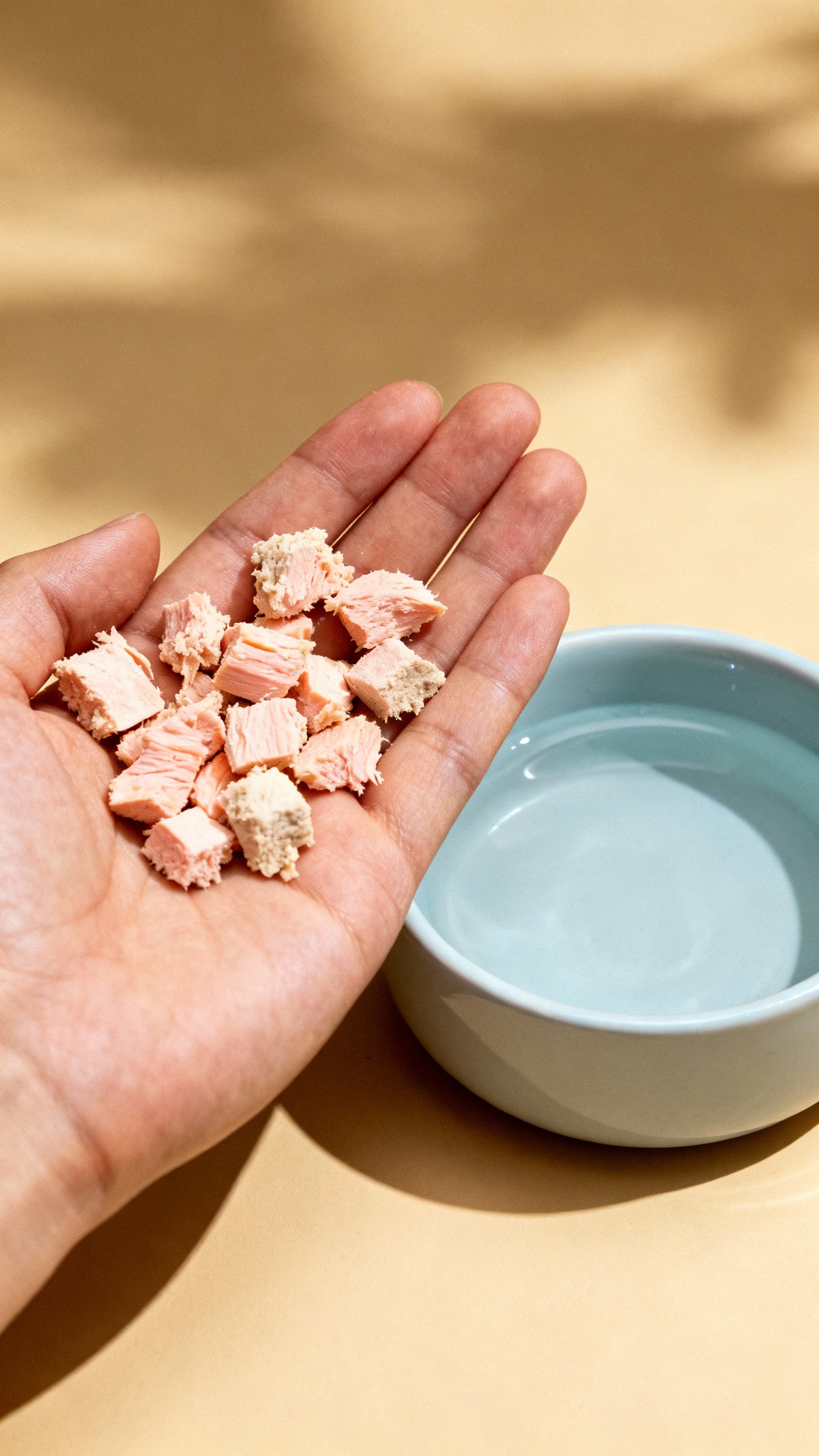 Tiny freeze-dried salmon treats in trainer’s palm next to water bowl