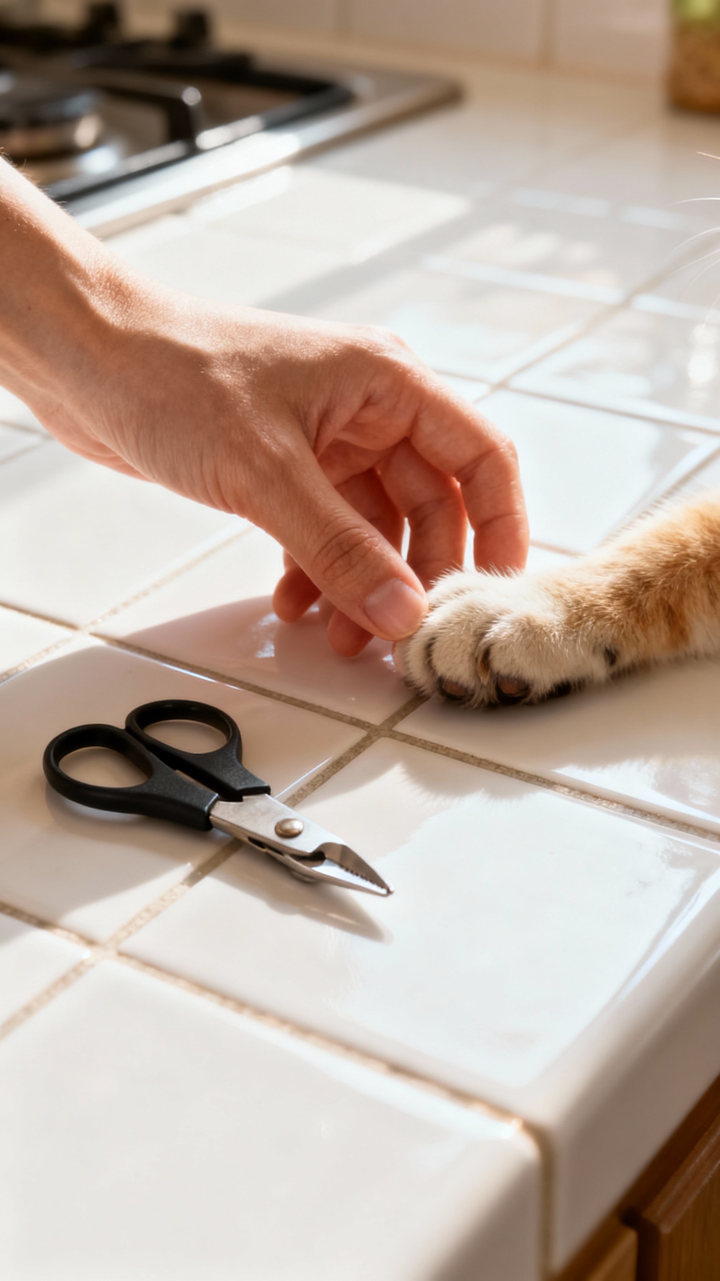 Tiny paw being gently touched, nail clippers nearby, bright kitchen tile