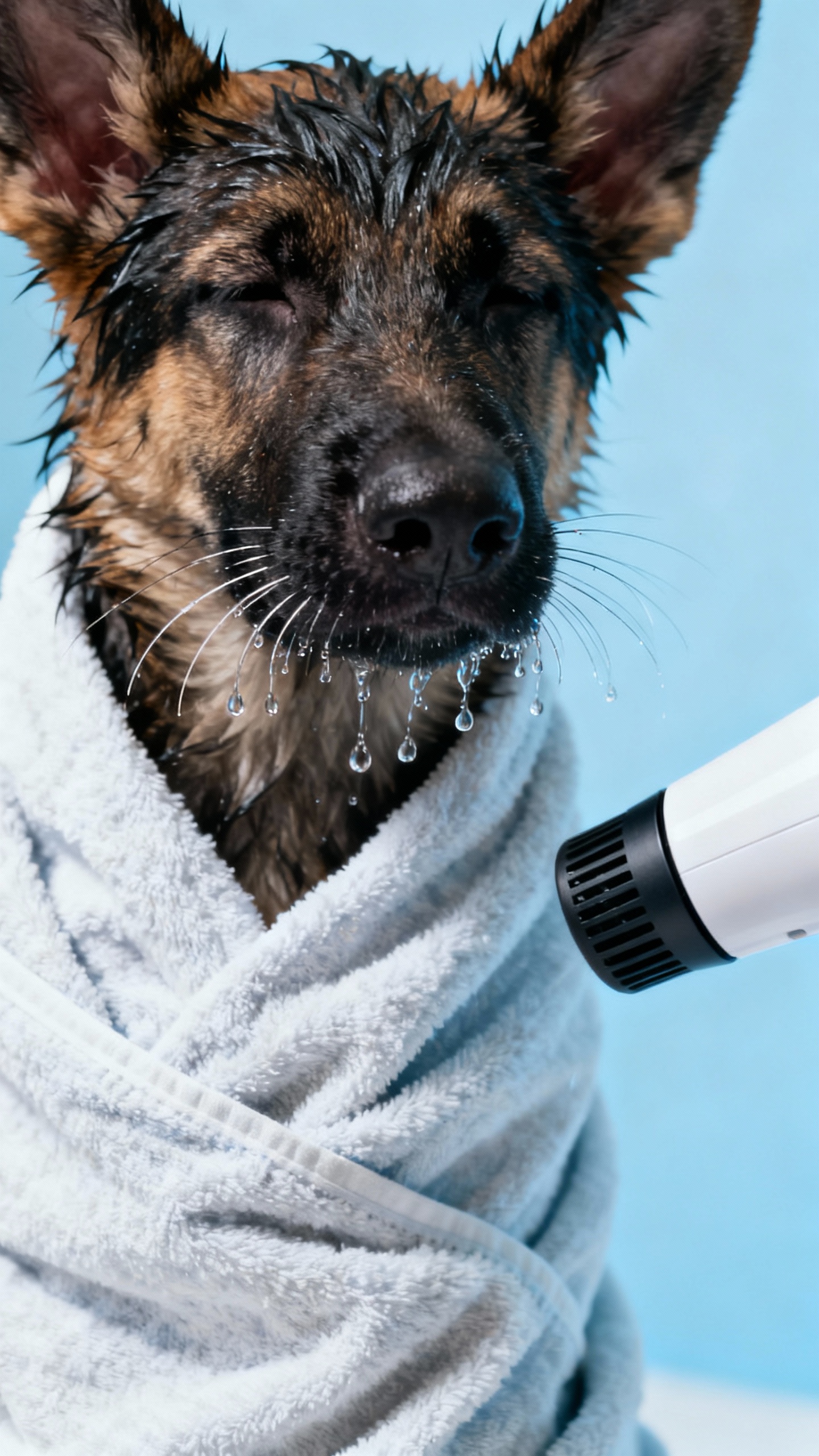 Towel burrito wrap on wet GSD puppy, droplets on whiskers, cool dryer nozzle 8 inches away
