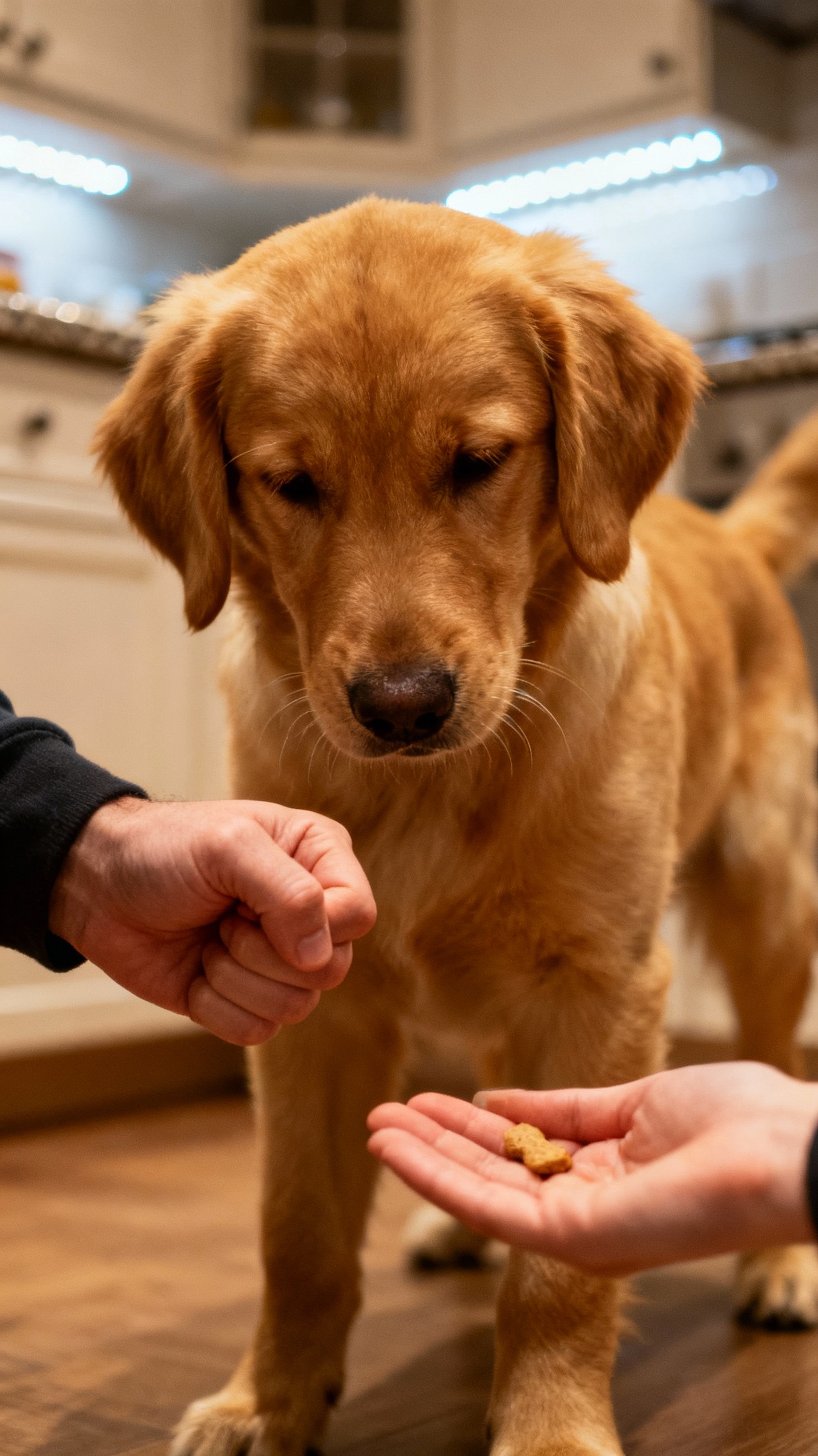 Treat in closed fist, golden puppy backing off, other hand ready with reward, kitchen light gleam