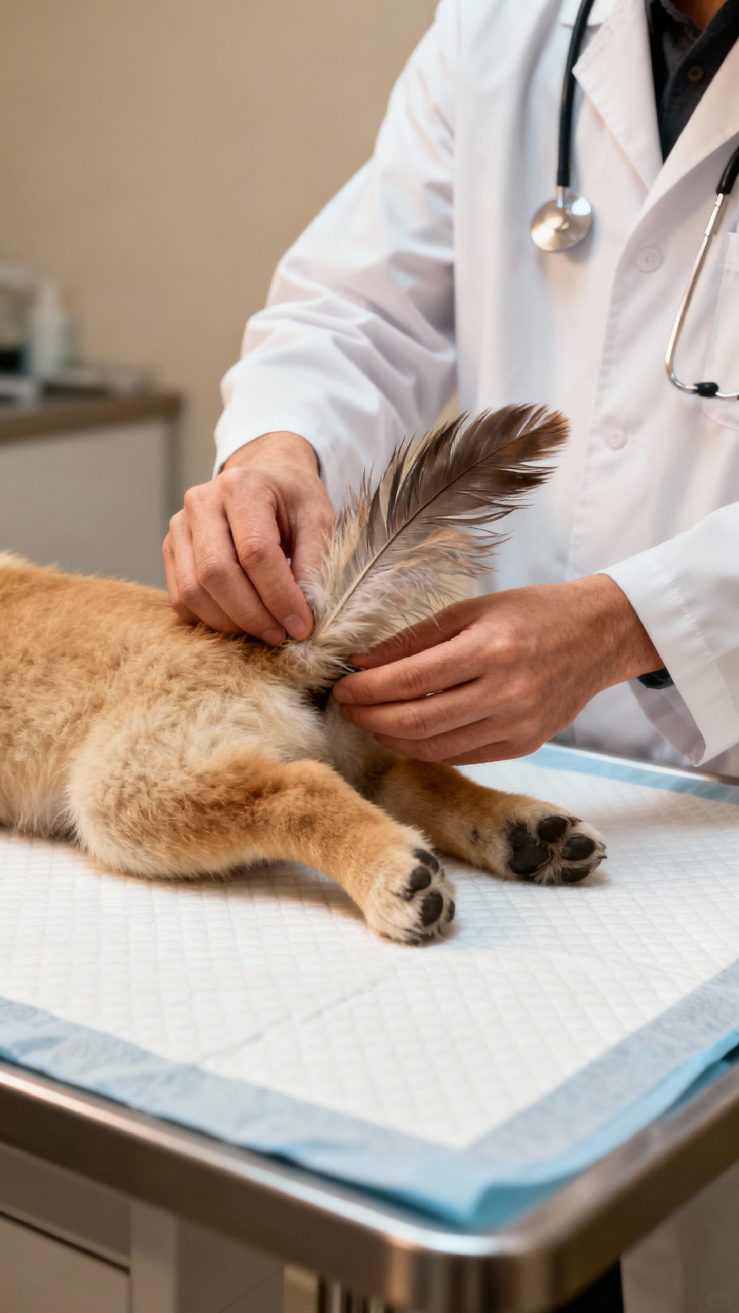 Vet examining puppy’s plush feathered tail and legs, soft lighting