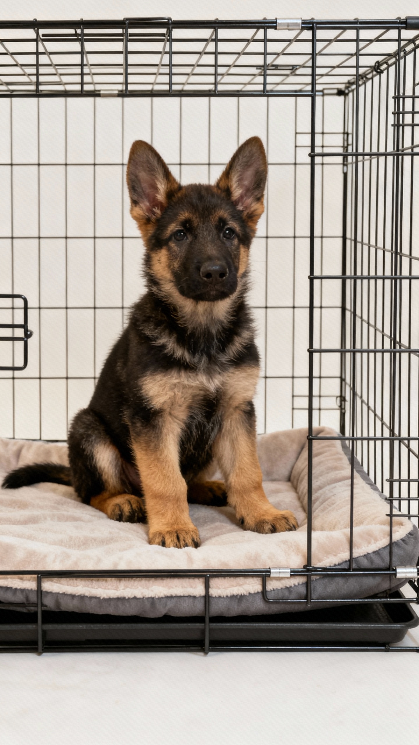 Wire crate with fitted pad, German Shepherd puppy inside, correct size