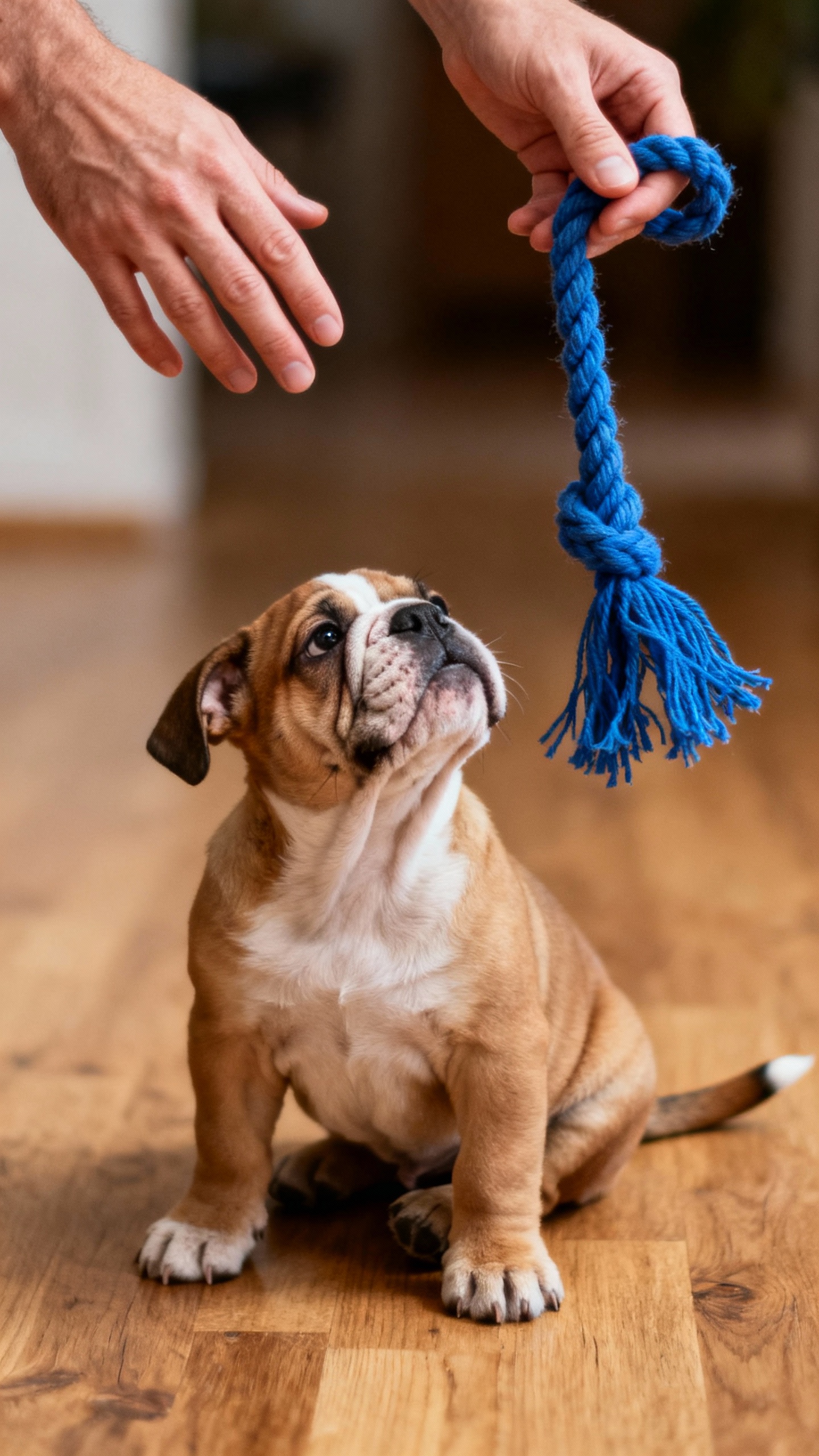 Adult hands freeze near bulldog puppy, offering blue rope tug