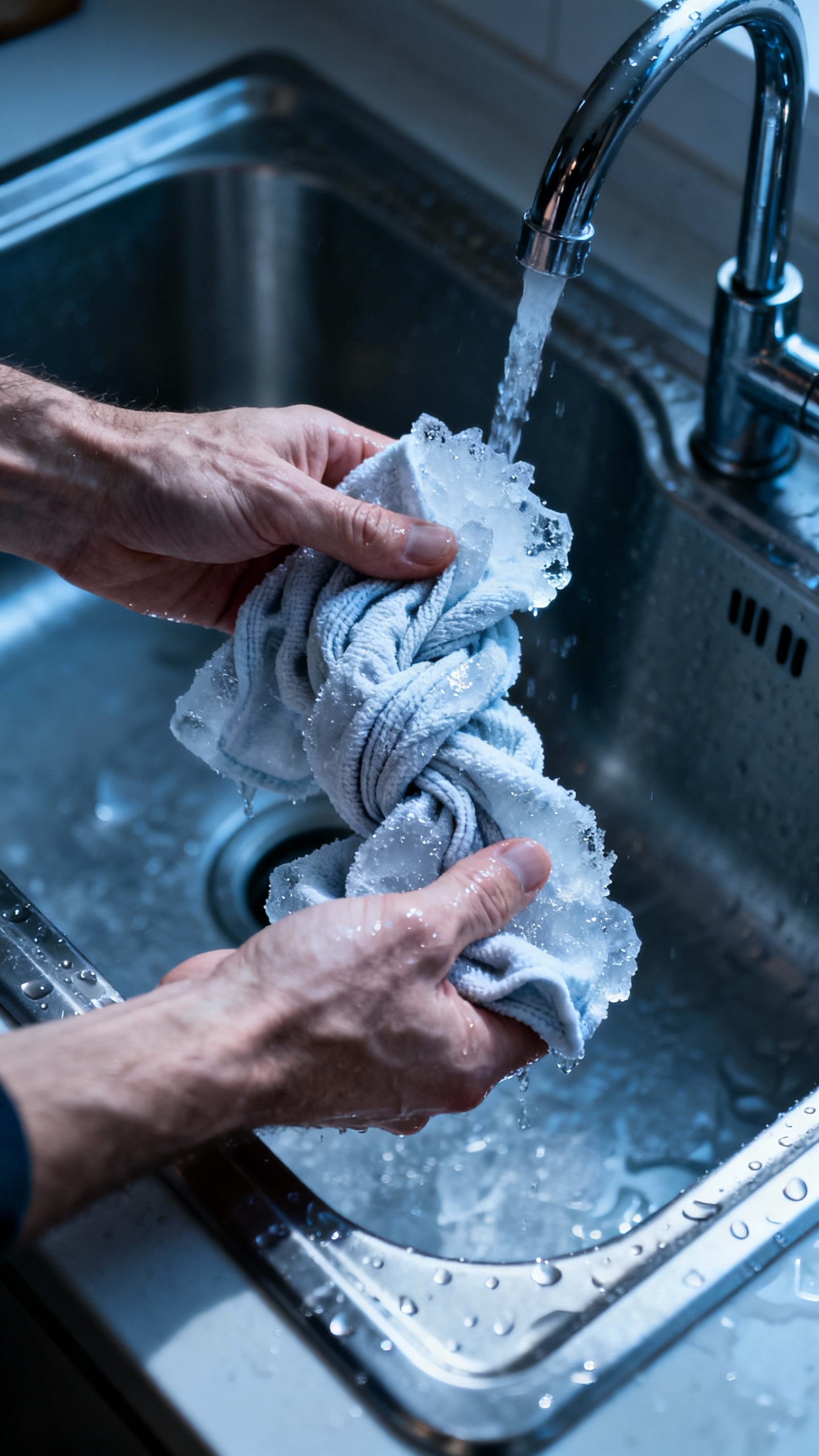 Adult hands freezing twisted wet washcloth, icy texture, kitchen sink