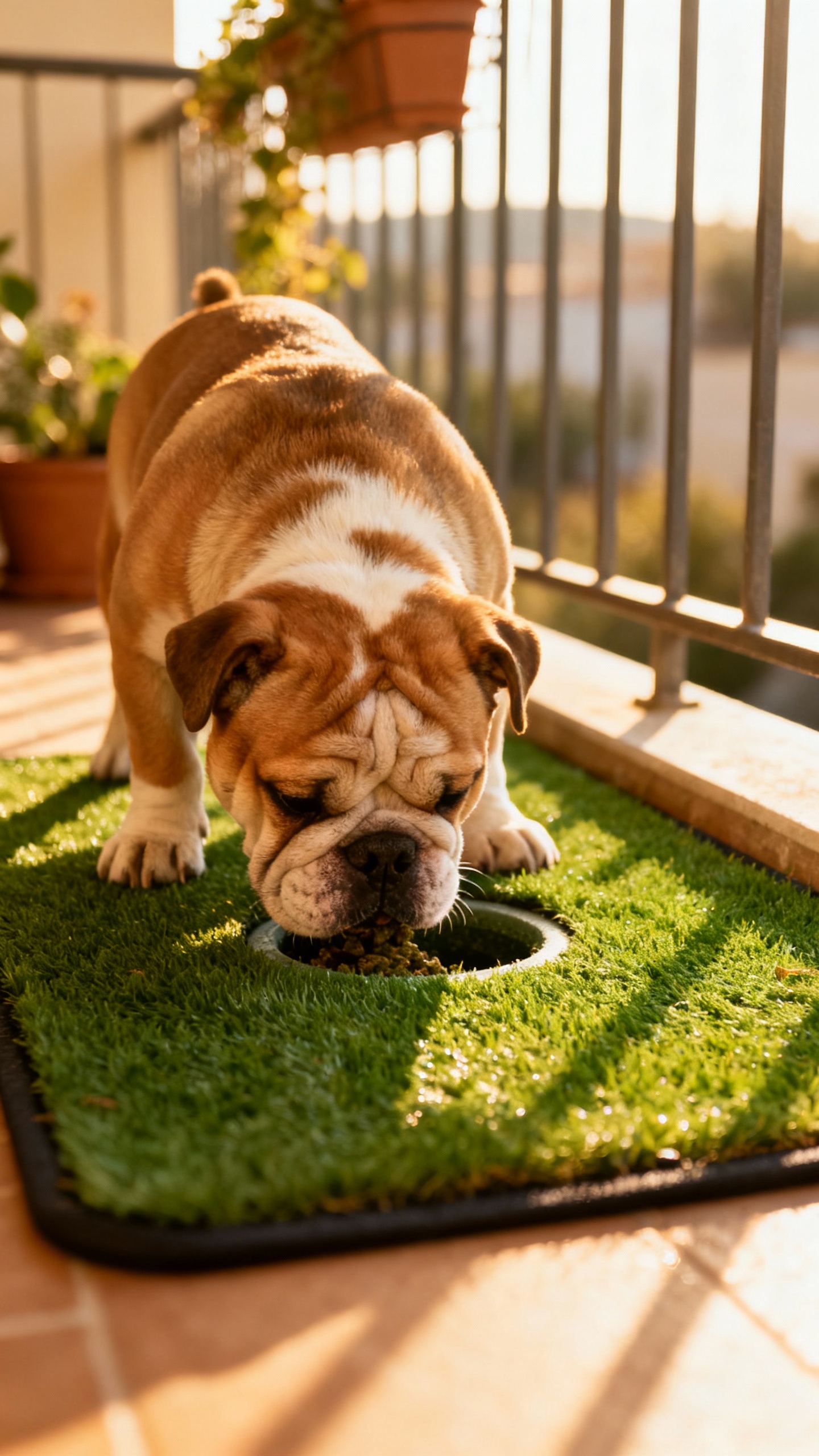 Balcony turf pad scene, bulldog puppy sniffing designated potty spot