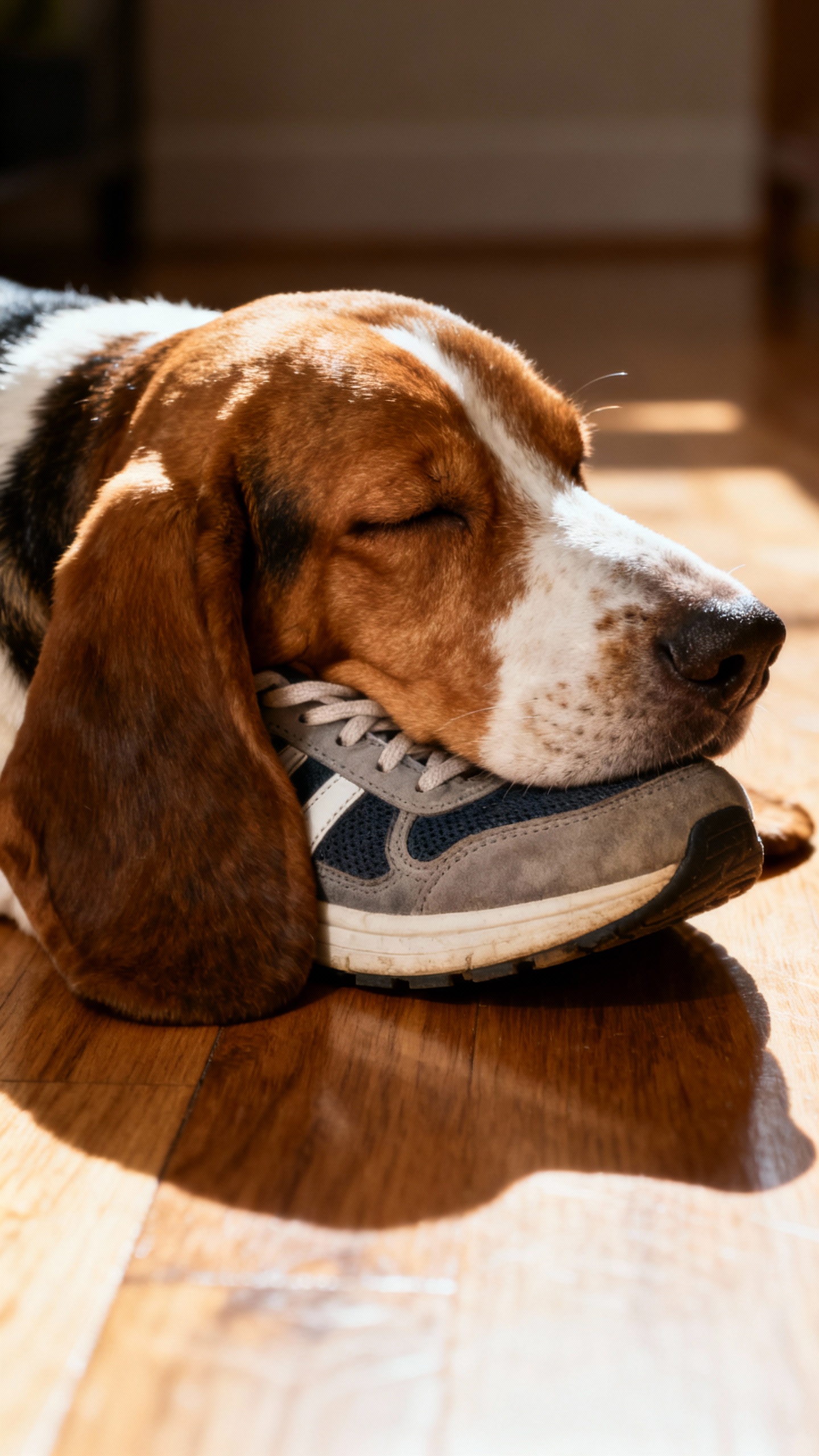 Basset hound asleep on sneaker, droopy ears spilling over, hardwood floor, afternoon sun