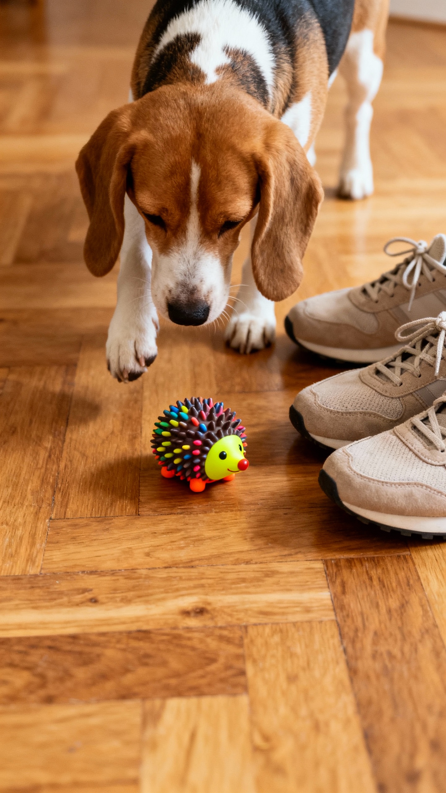 Beagle dropping squeaky hedgehog at sneakers, hardwood floor closeup
