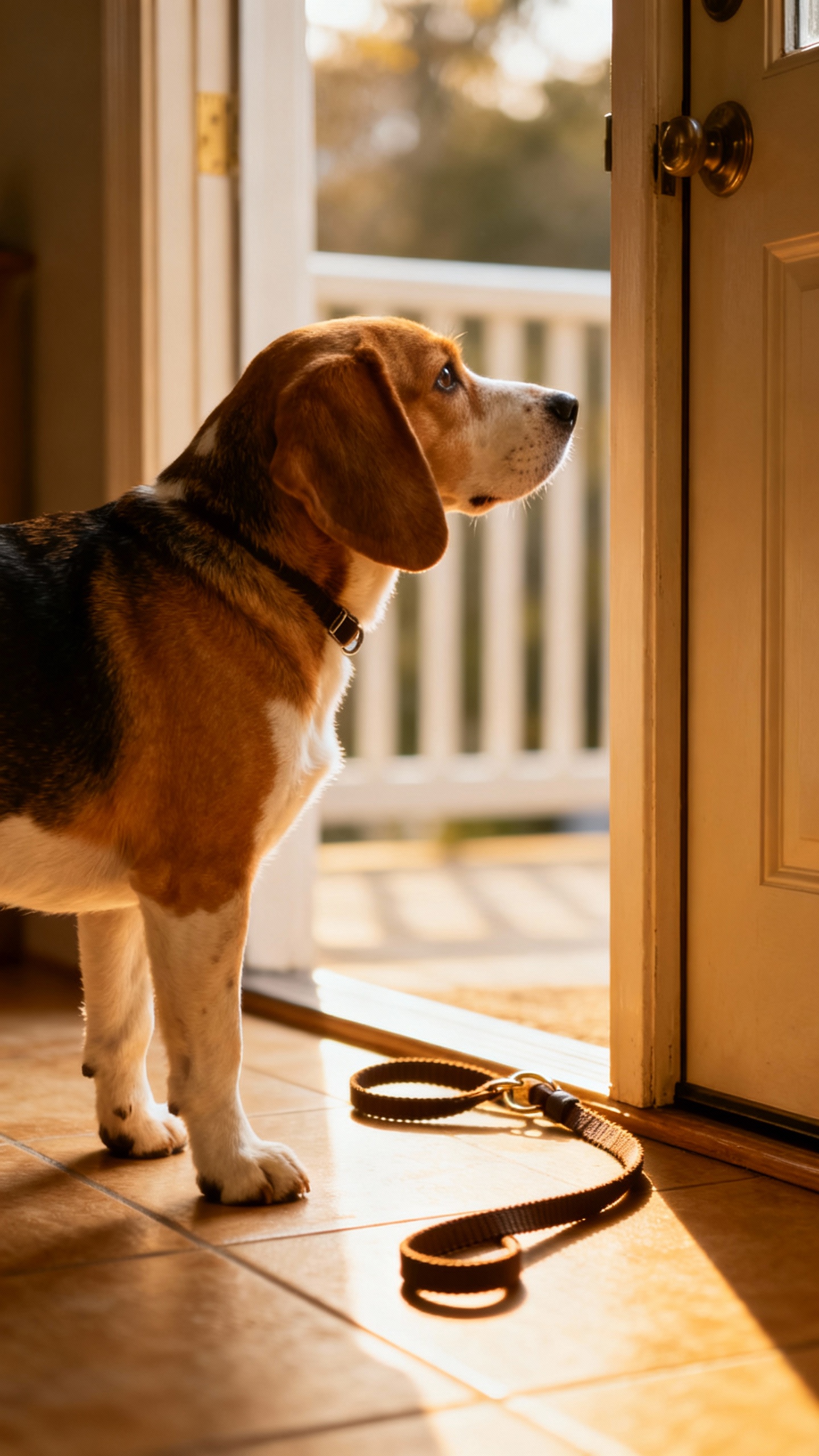 Beagle glancing at door then owner, leash by doorway