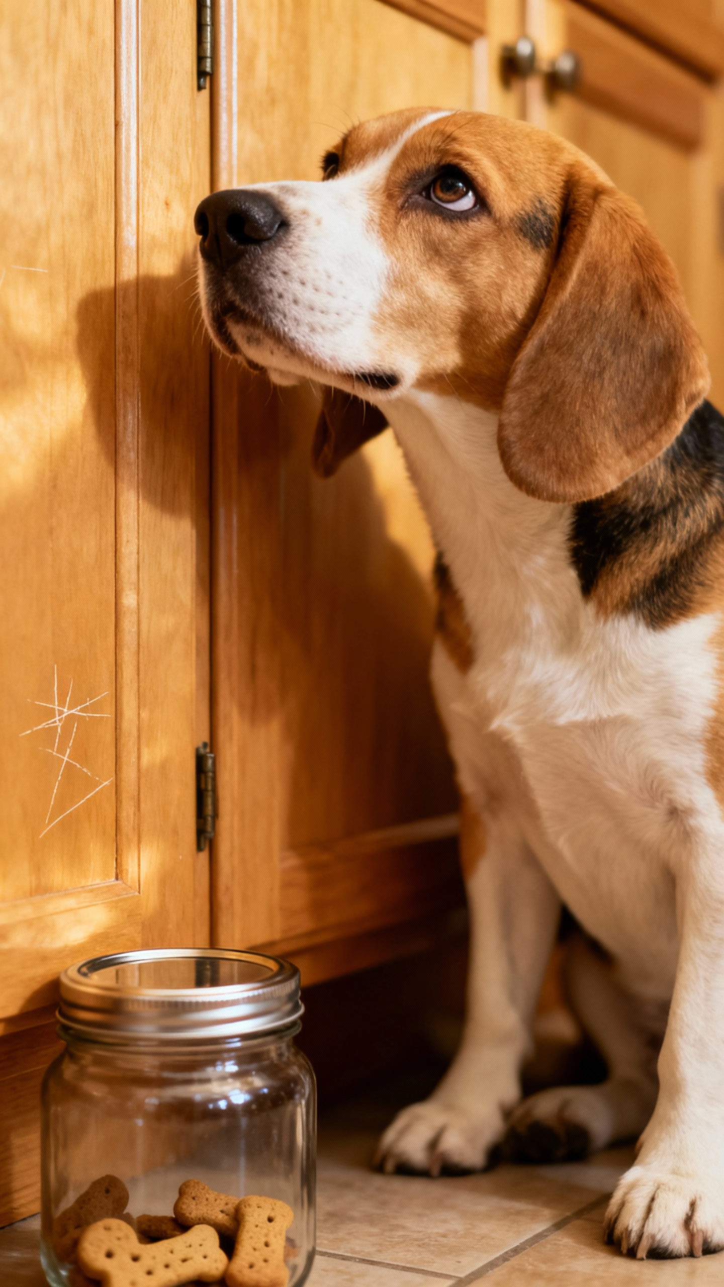 Beagle sitting by pantry, raised brows, treat jar nearby
