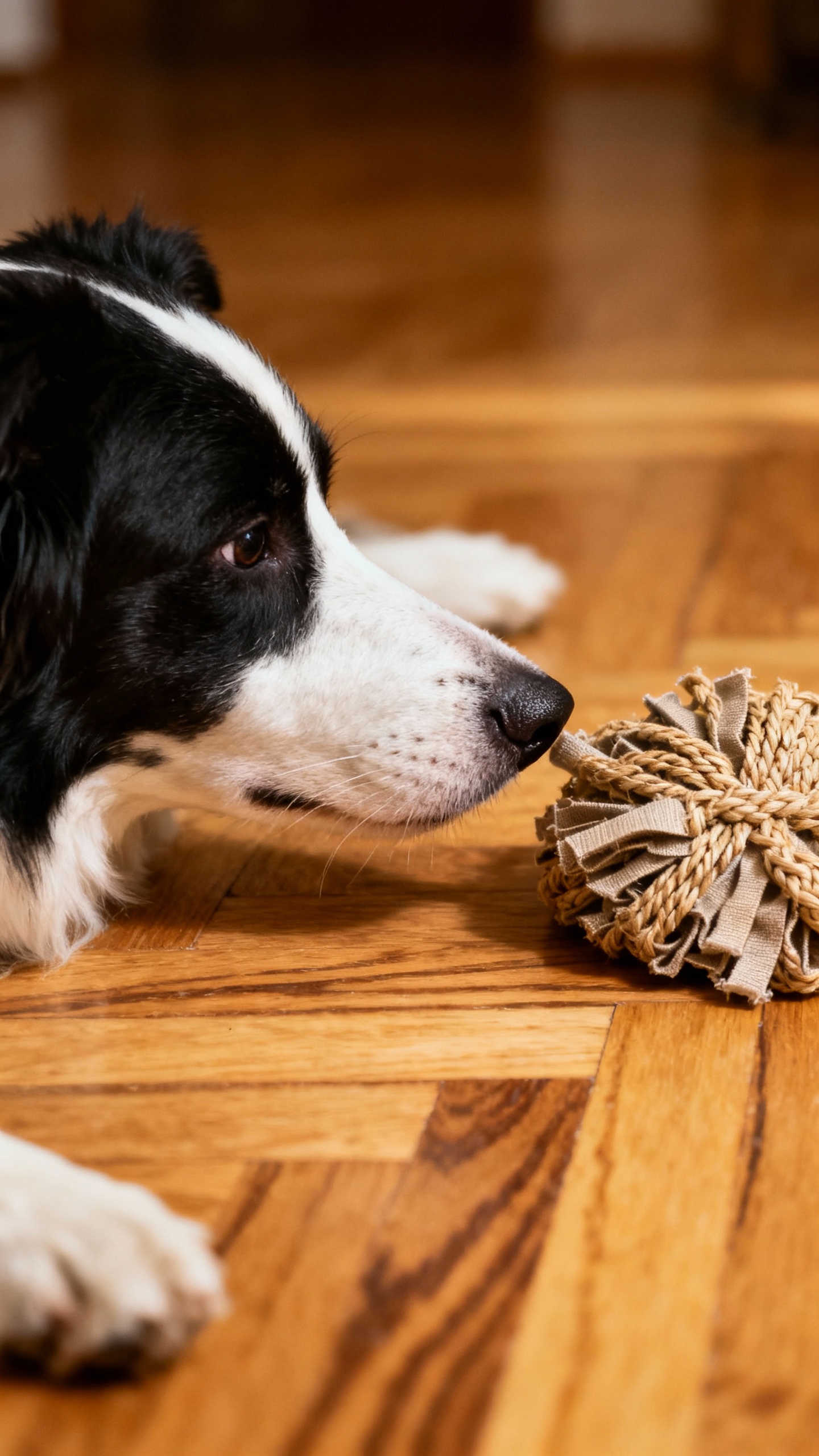 Border Collie nose targeting snuffle mat, indoor hardwood floor