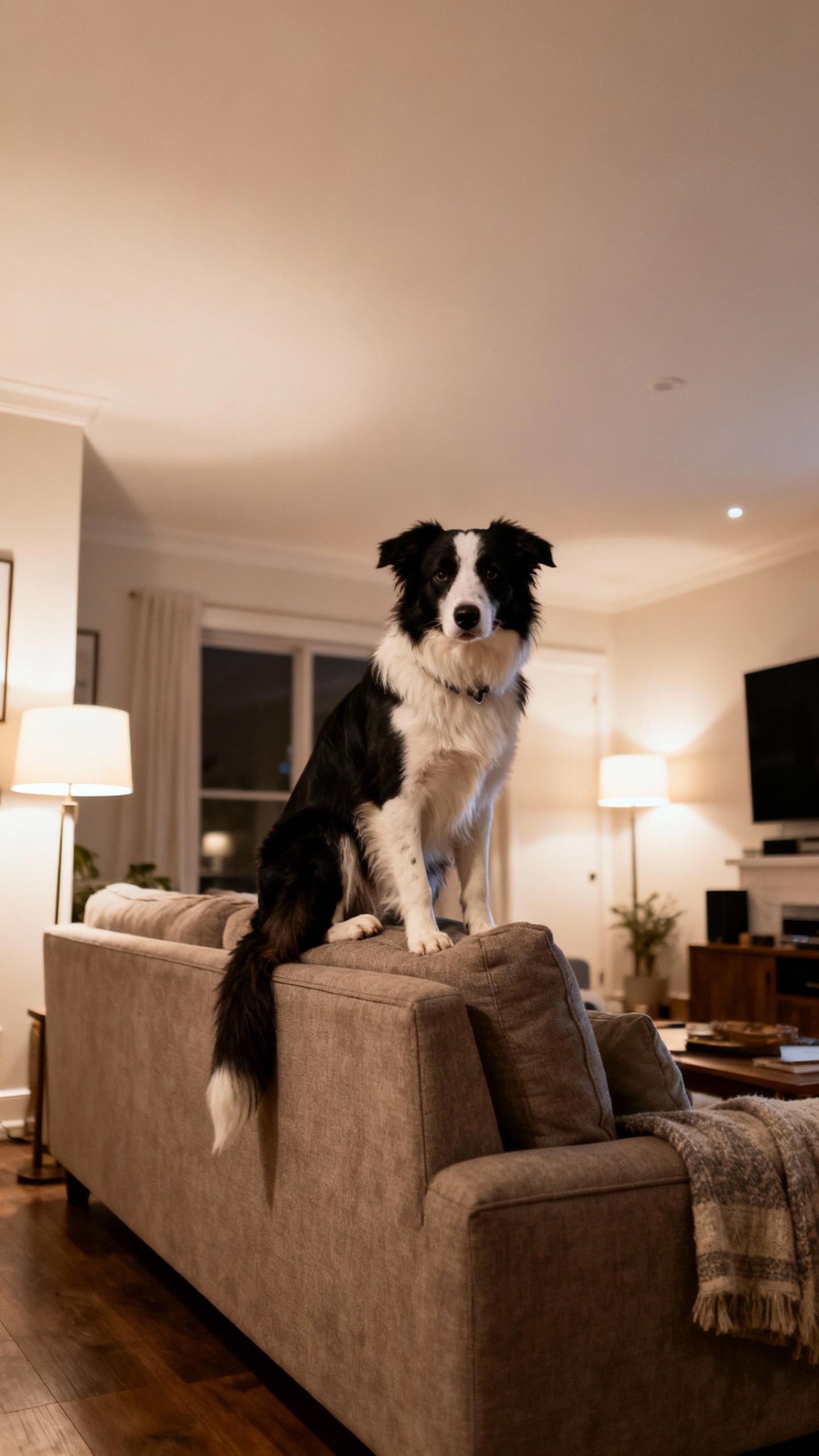 Border collie perched on sofa backrest, elevated vantage, living room scene